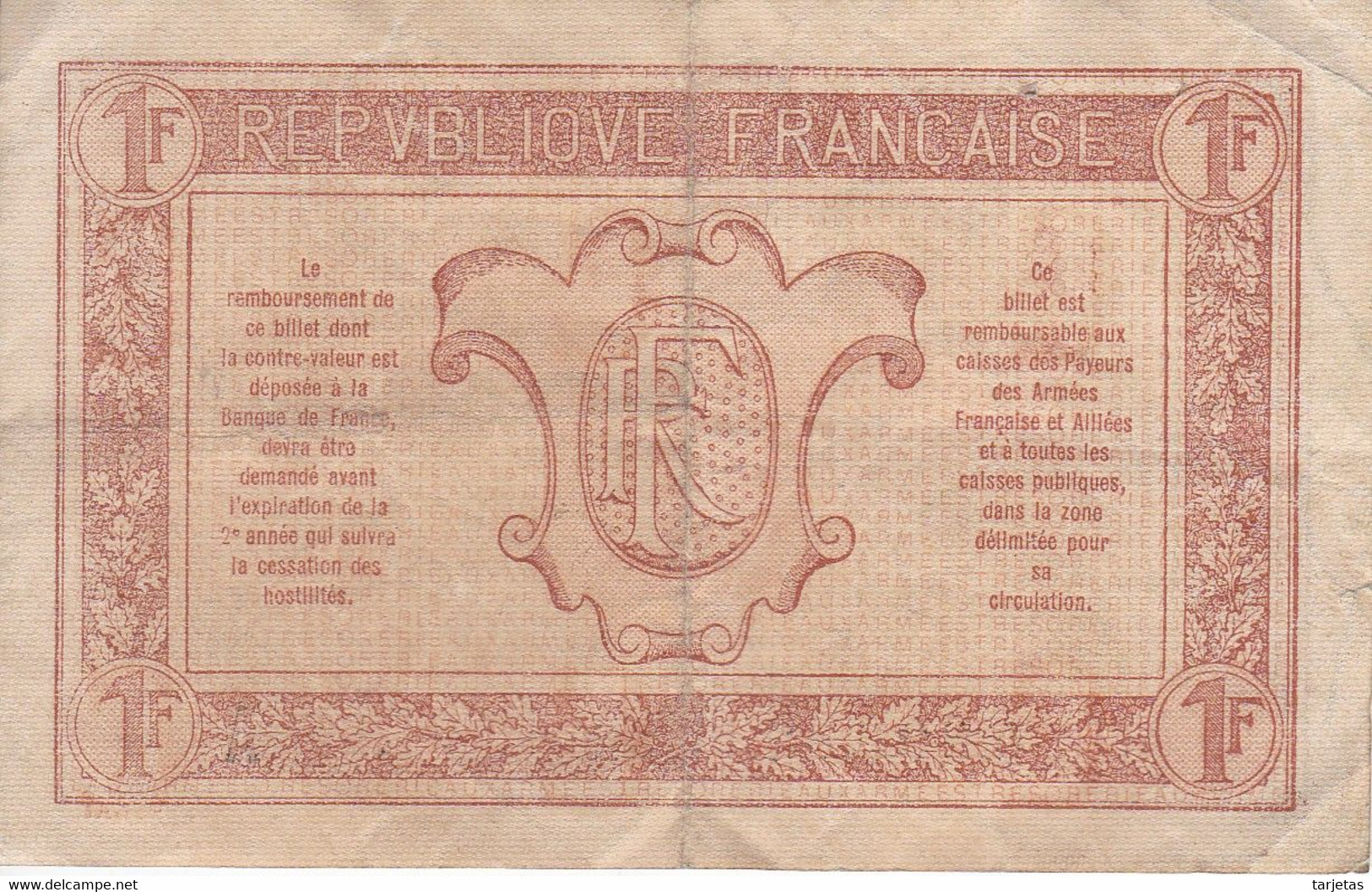 BILLETE DE FRANCIA DE 1 FRANC DEL AÑO 1917 SERIE A  (BANKNOTE)  TRESOSERIE ARMEES - 1917-1919 Trésorerie Aux Armées