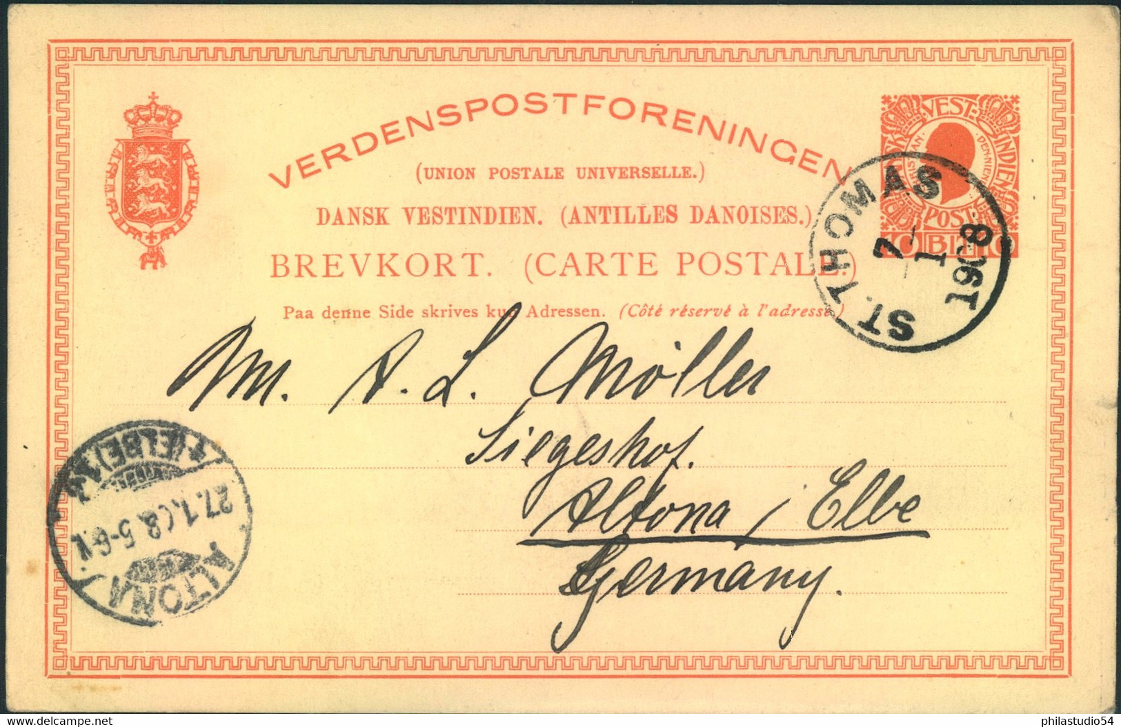 1908, DANISH WESTINDIES, Stationery Card From ST: THOMAS To Altona (ahmburg) - Dänische Antillen (Westindien)