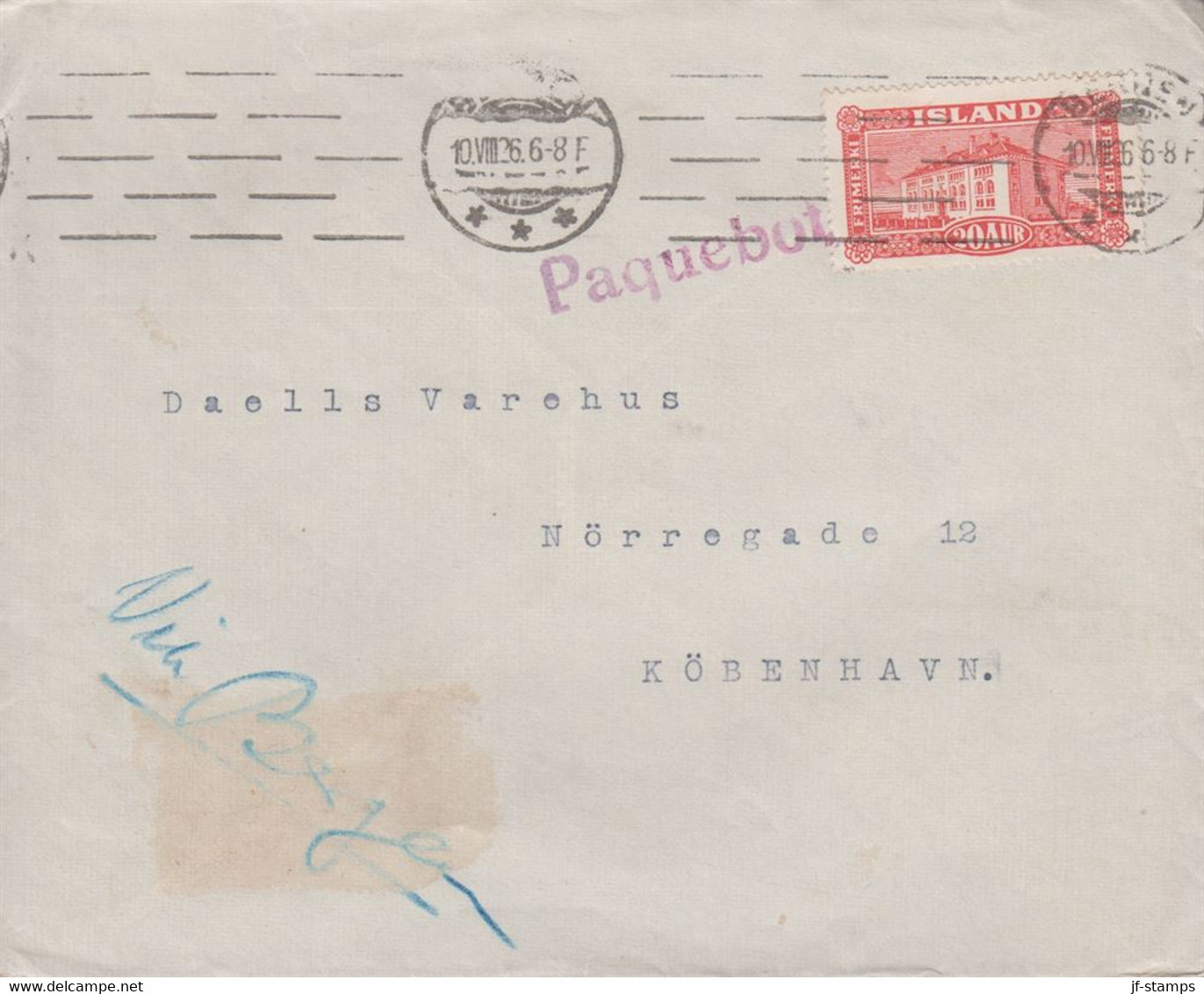 1926. ISLAND. 20 Aur REYKJAVIK. View On Ship Mail Cover To København Cancelled Paqueb... () - JF366953 - Briefe U. Dokumente