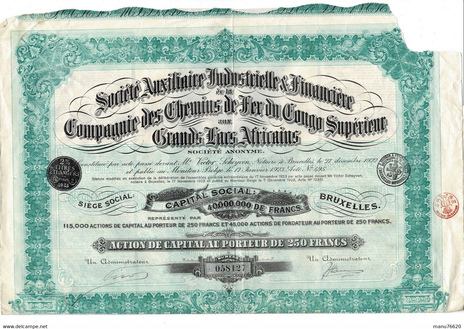 Compagnie Des Chemins De Fer Du Congo Supérieur Aux Grands Lacs Africains, Action 250 Francs -N°058127 - A - C