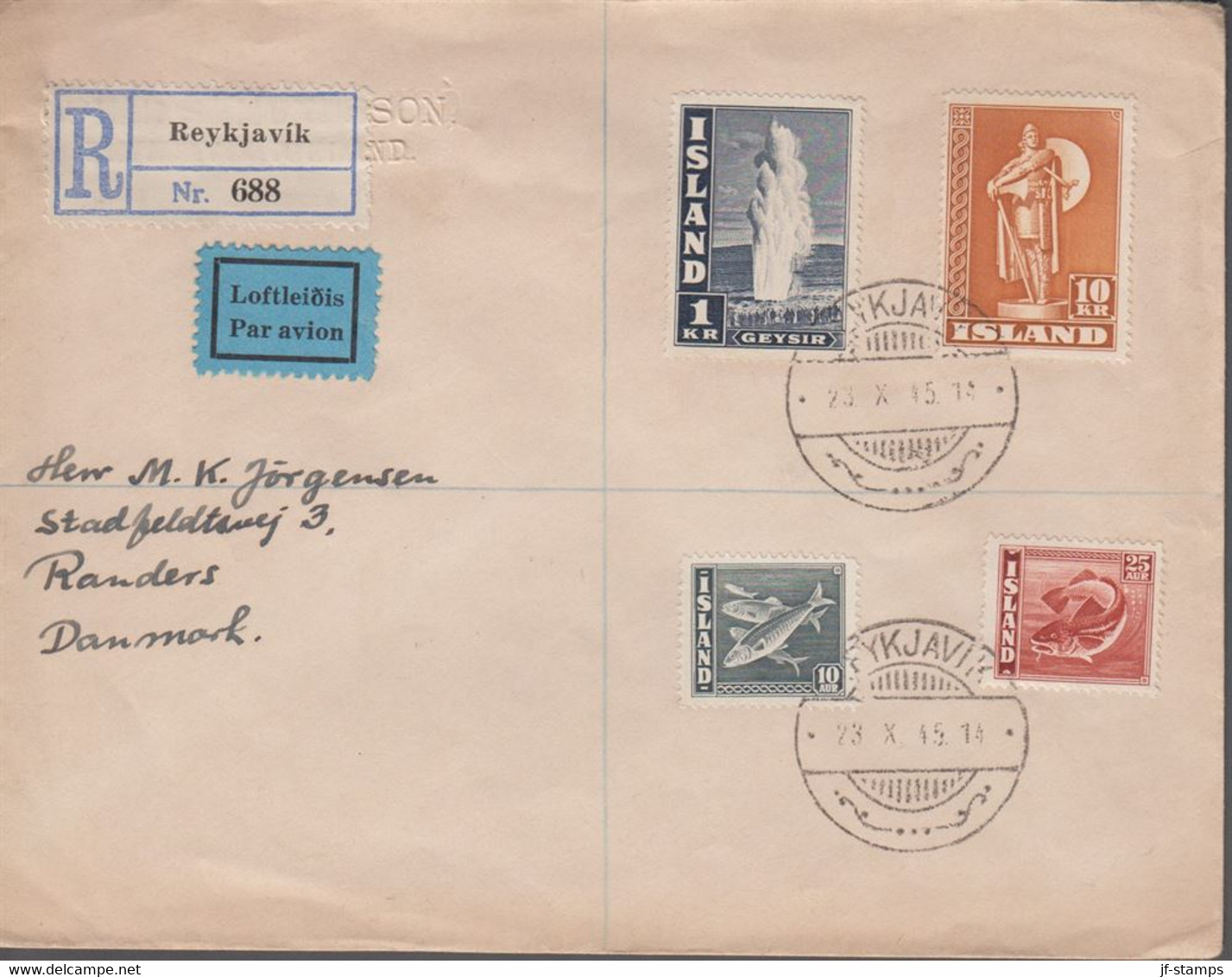 1945. Thorfinnur Karlsefni. 10 Kr. Orangebrown. Perf. 14 + 1 Kr. Geysir, 10 + 25 Aur ... (Michel 240A+) - JF367008 - Briefe U. Dokumente