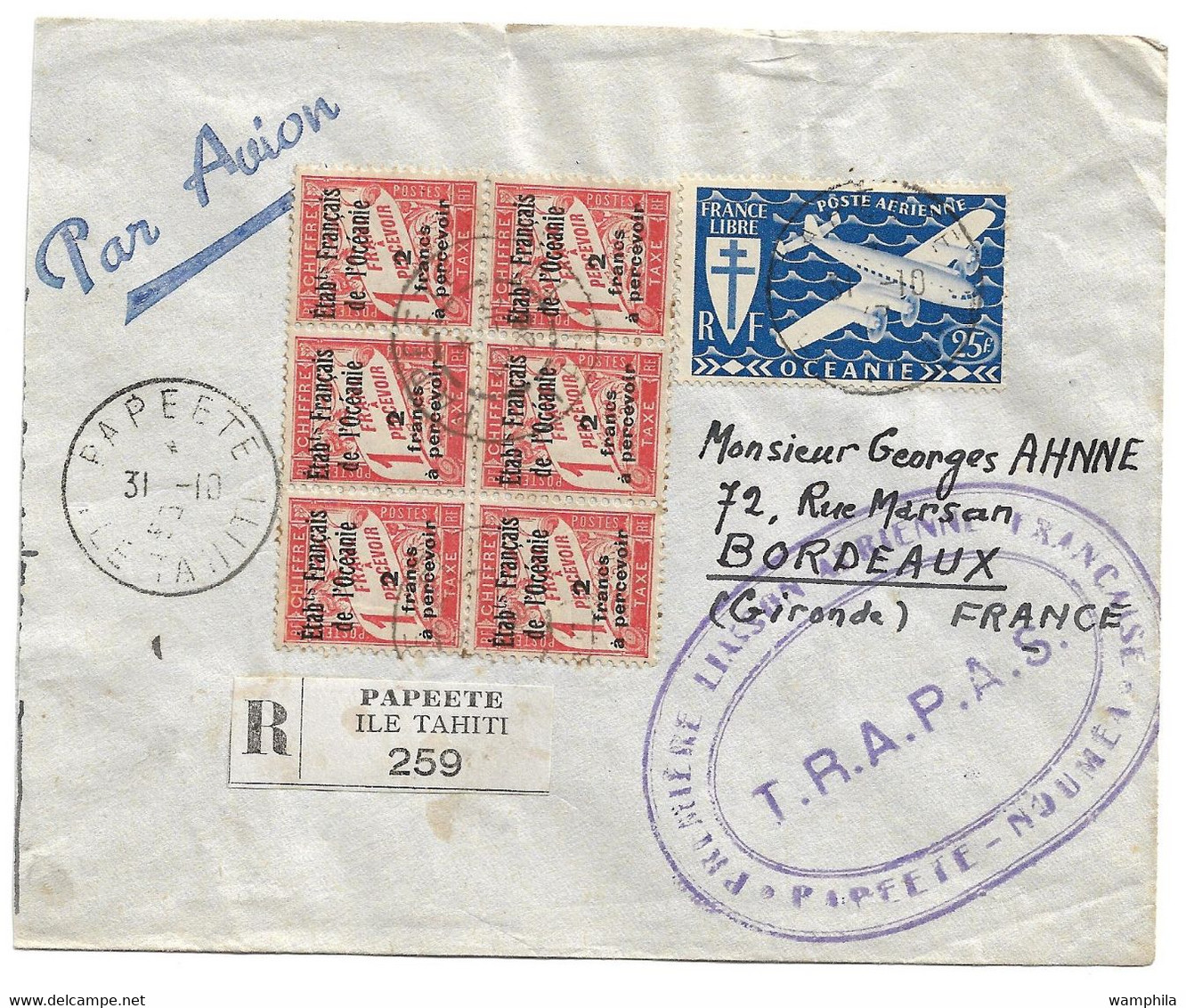 Océanie Première Liaison Aérienne 31/101947.(taxée) - Covers & Documents