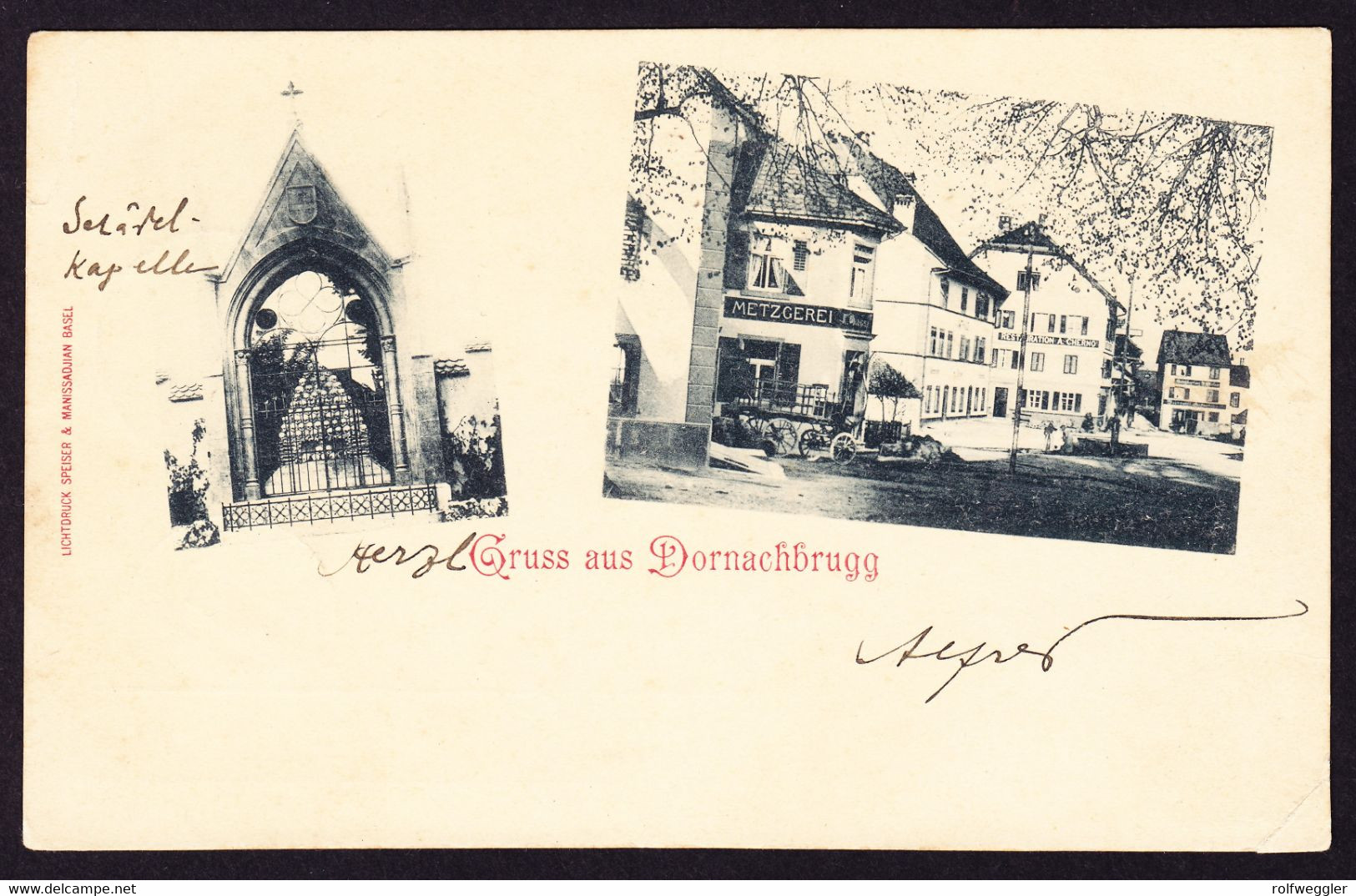 1902 Gelaufene AK: Gruss Aus Dornach-Brugg Mit Metzgerei. Stempel Dornach, Suhr Und Divisionsarzt V Kreis. 2 - Dornach