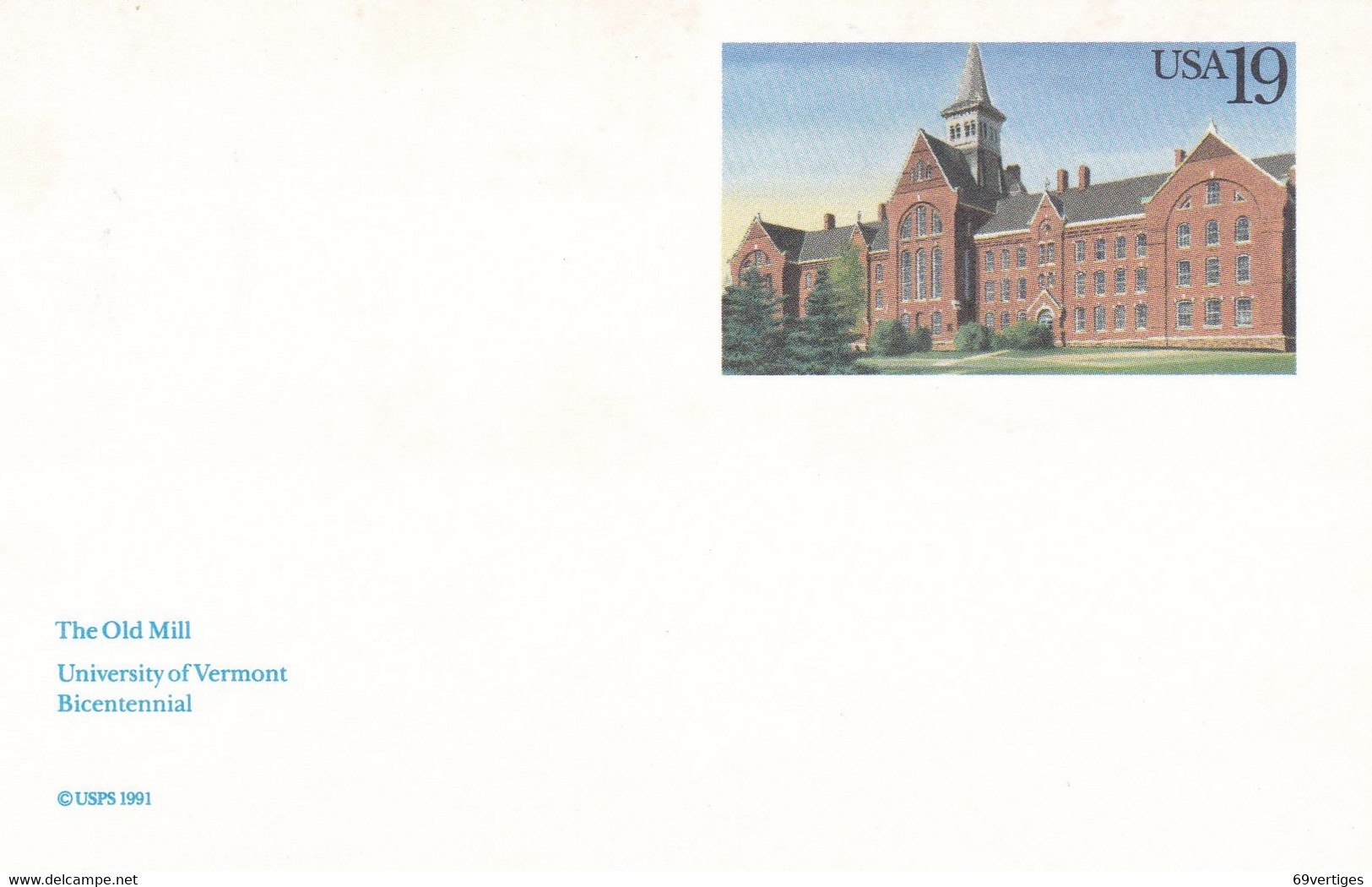 ENTIER POSTAL, "THE OLD MILL", University Of Vermont, Bicentennial, 19c - Altri & Non Classificati