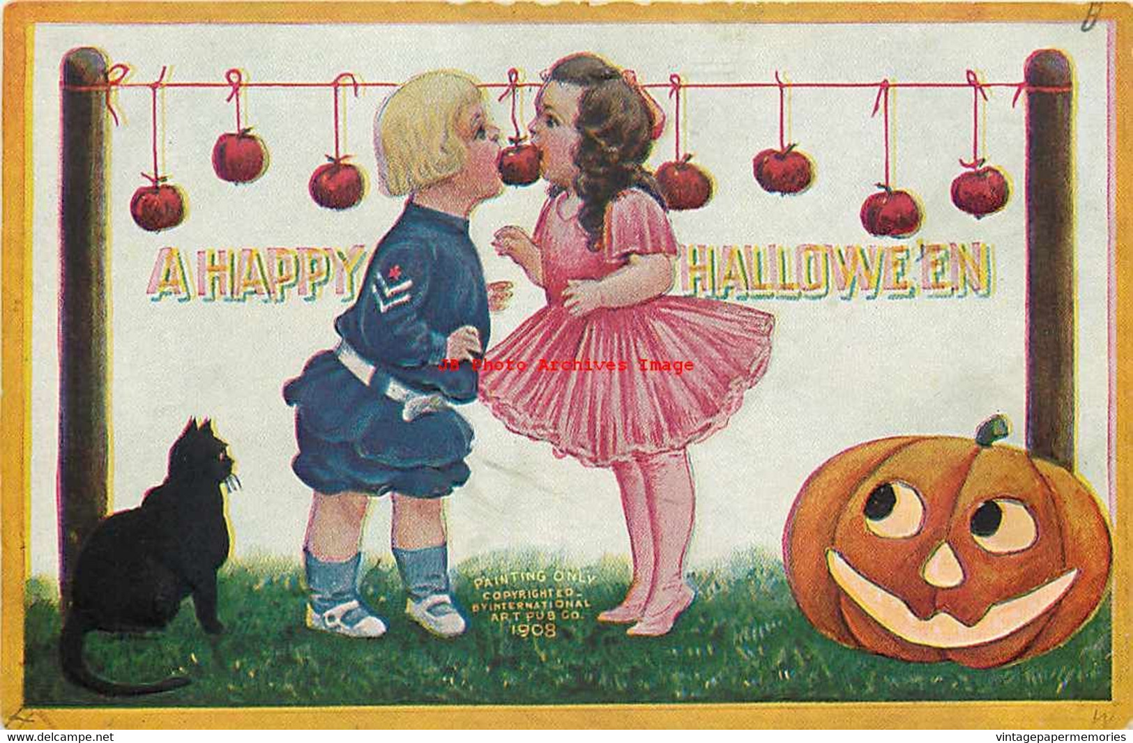 265443-Halloween, IAP 1908 No IAP01-5, Bernhardt Wall, Black Cat & JOL Watch Boy & Girl Biting The Same Apple - Halloween