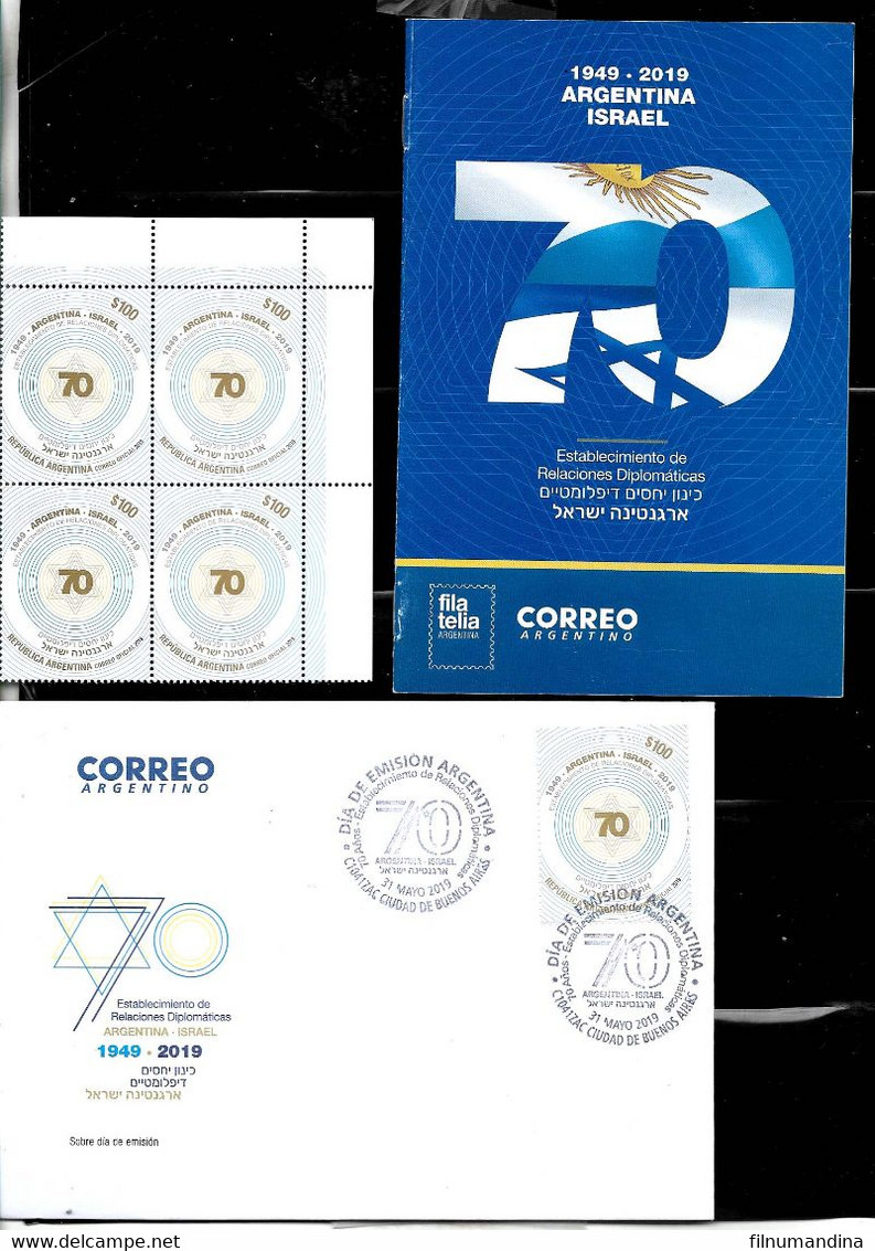 ARGENTINA 2019 ISRAEL 70°ANIV JUDAICA JEWISH PACK POST BROCHURE+ FDC,+BLOC OF 4 MNH - Sonstige & Ohne Zuordnung