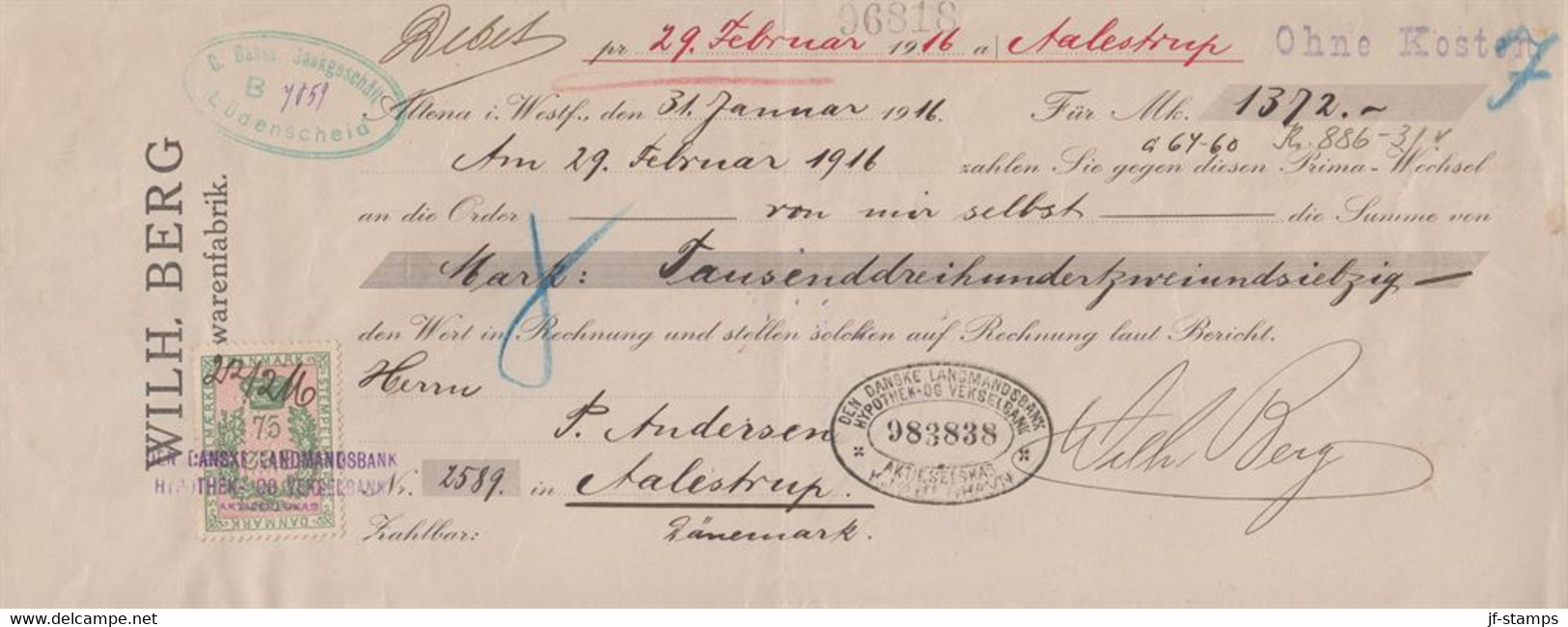 1916. DANMARK. Document (Prima Wechsel Mk 1372) With DANMARK STEMPELMÆRKE 75 ØRE PERF... () - JF367128 - Fiscaux