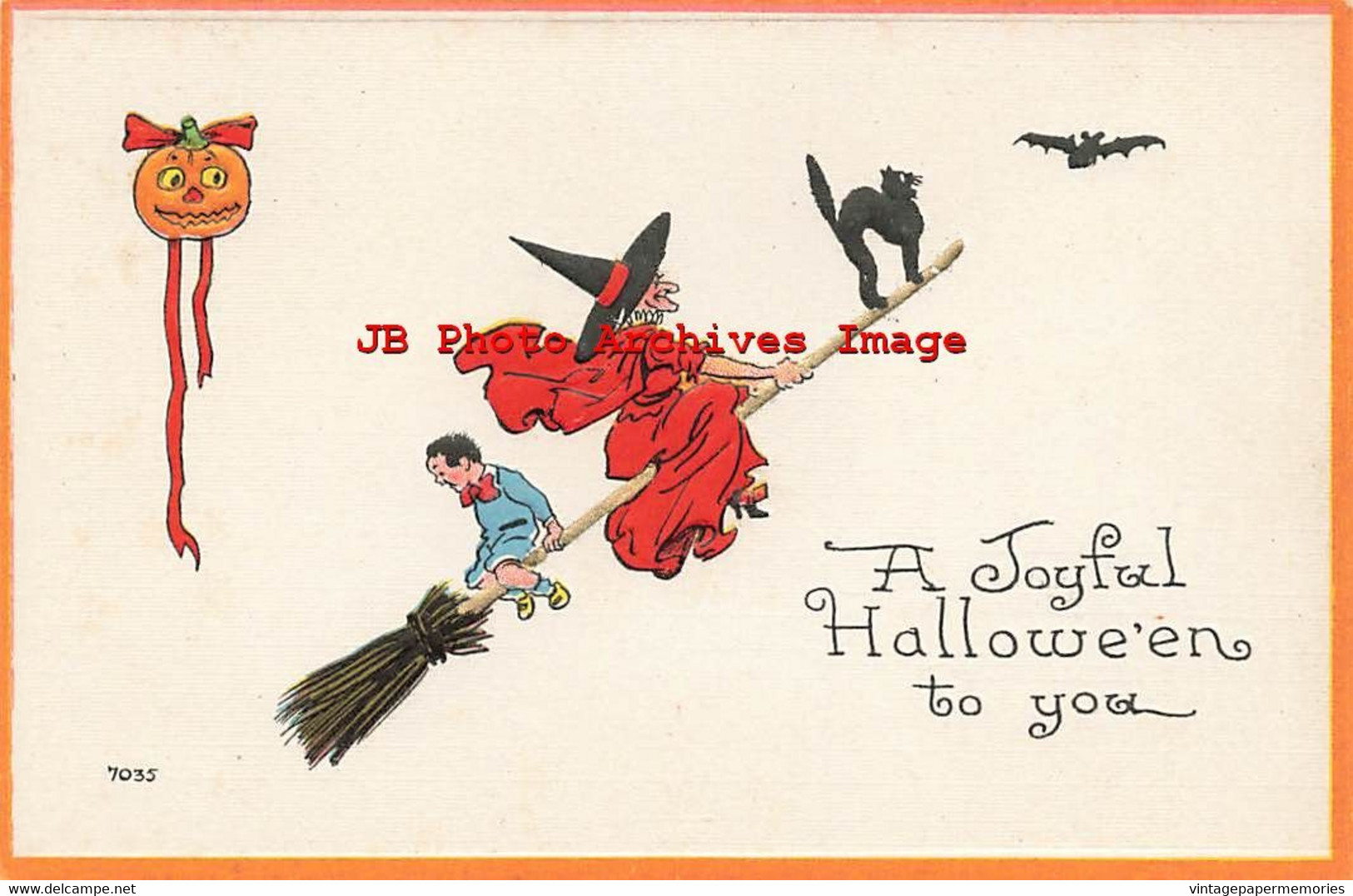 329671-Halloween, Bergman 1913 No 7035-6, Boy & Black Cat Riding Broom With Witch - Halloween