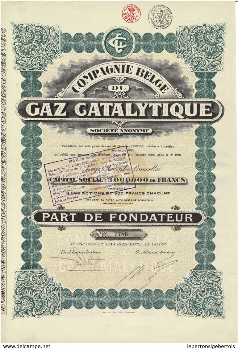 Titre Ancien - Compagnie Belge Du Gaz Catalytique - Société Anonyme - Titre De 1922 - Elektriciteit En Gas