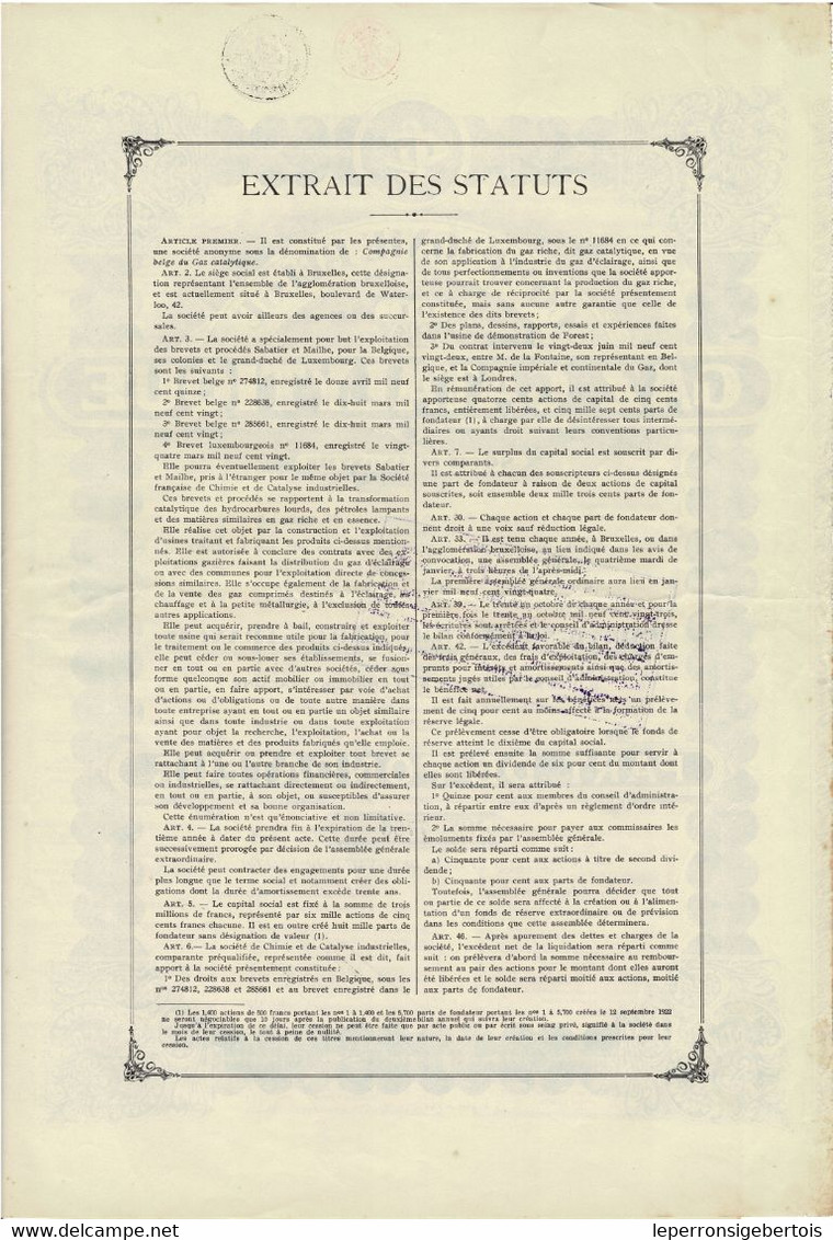 Titre Ancien - Compagnie Belge Du Gaz Catalytique - Société Anonyme - Titre De 1922 - Elektriciteit En Gas