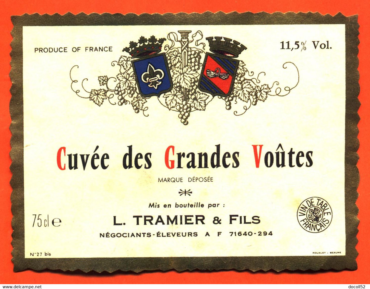 étiquette De Vin Cuvée Des Grandes Voutes L Tramier Et Fils à 71640 - 75 Cl - Vin De Pays D'Oc