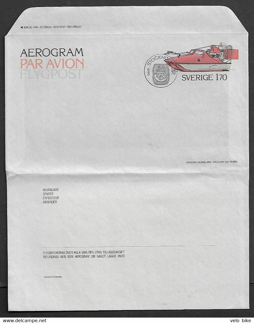 Sweden Aerogram 1978 Par Avion Hydrocopter Boat Fan Postal Stationery Postal Paid  Instrument Posthorn Postmark - Autres & Non Classés