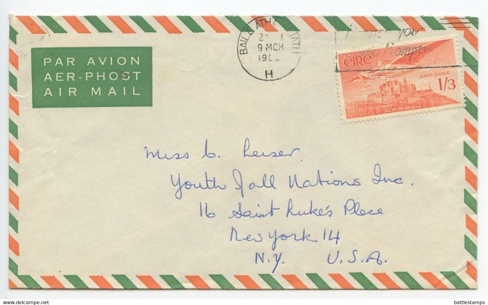 Ireland 1965 Airmail Cover Dublin To NYC Youth Of All Nations, Scott C6 Angel - Briefe U. Dokumente