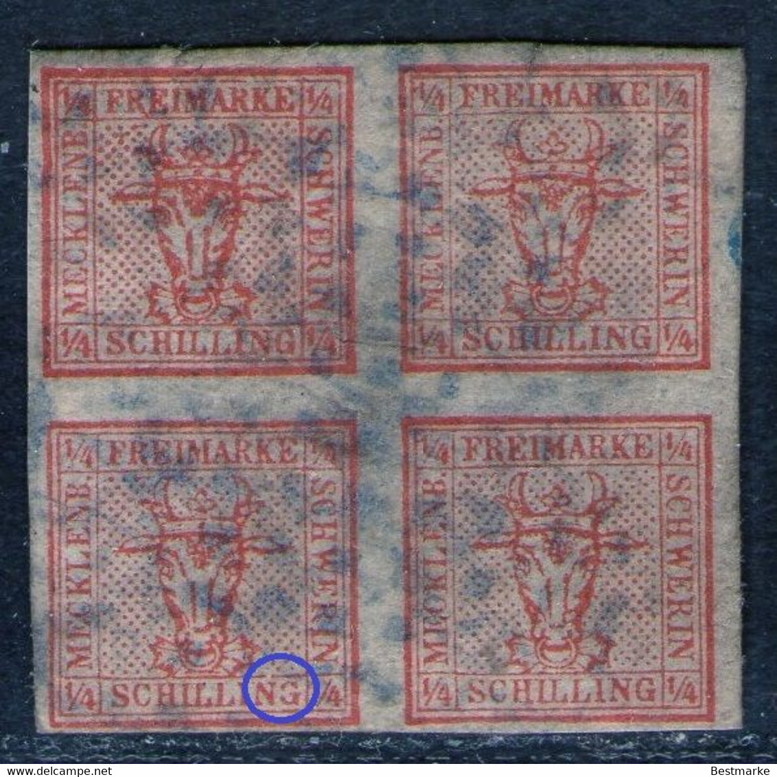 Blauer Punktstempel Von Rostock Auf 4/4 Shilling Rot - Meckl. Schwerin Nr. 1 - Geprüft - Mecklenburg-Schwerin