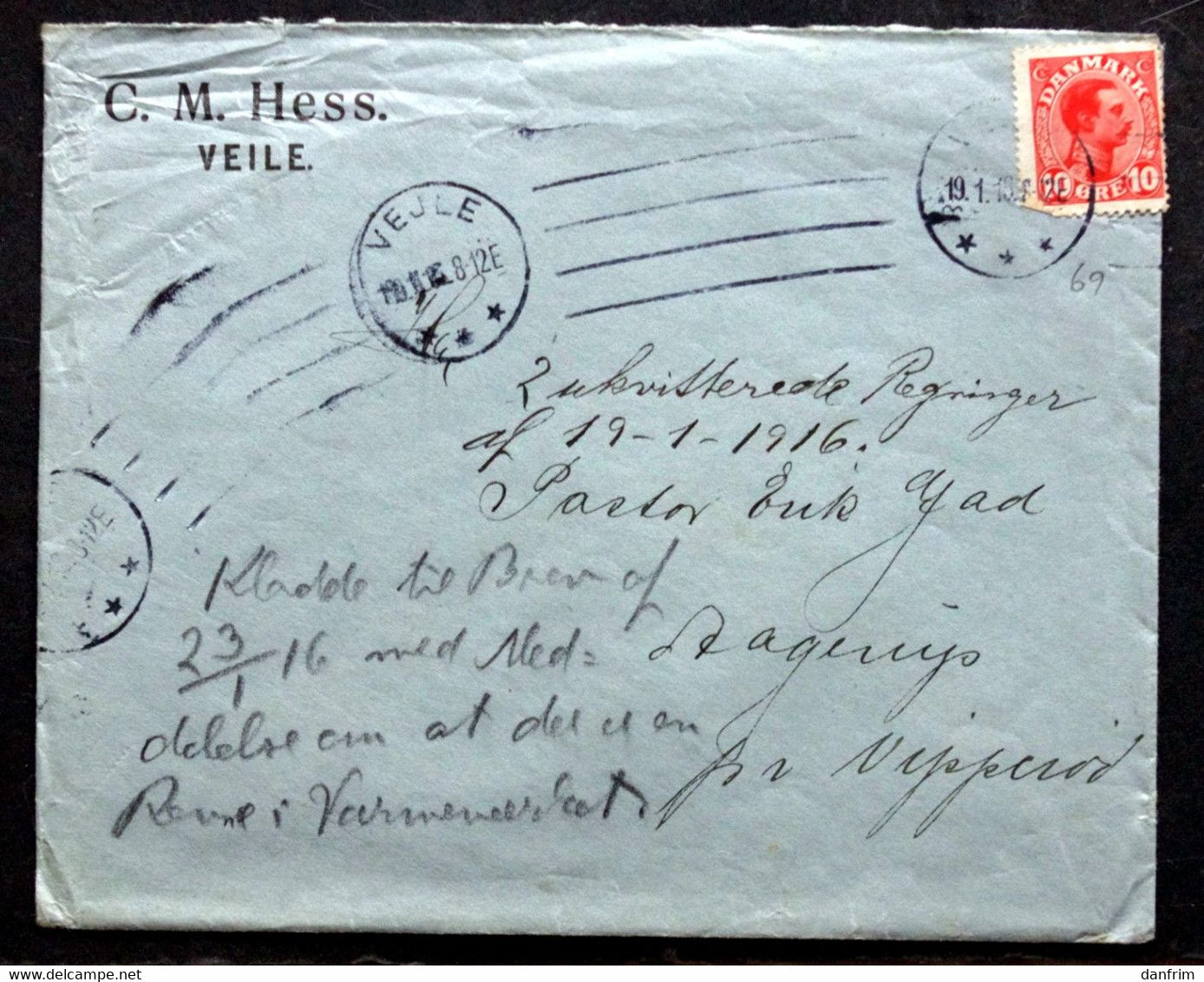 Denmark 1916 Cover C.M.Hess Veile    ( Lot 2041 ) - Andere & Zonder Classificatie