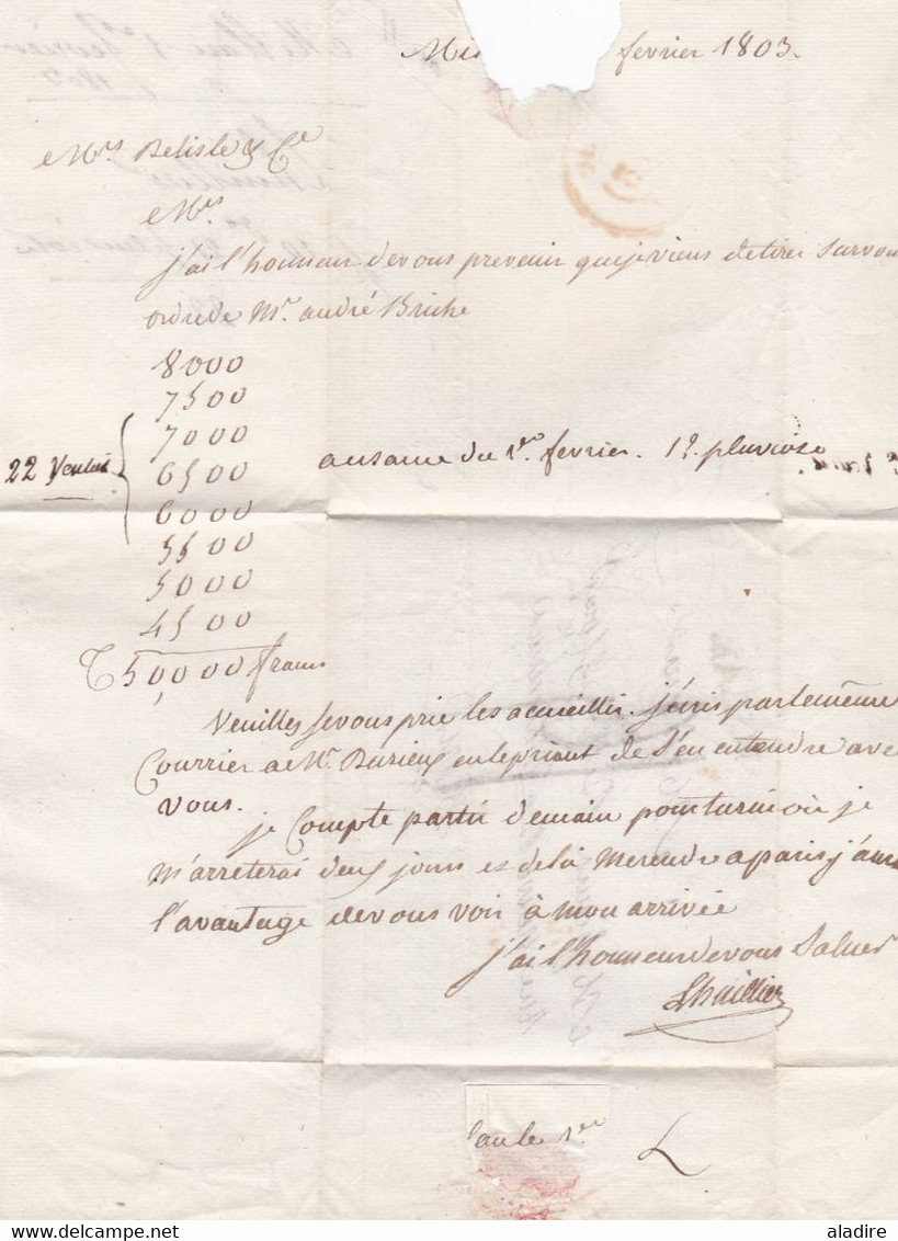 1803 - Marque postale MILAN (Italie, poste française) sur lettre pliée en français vers Paris, France - taxe 13