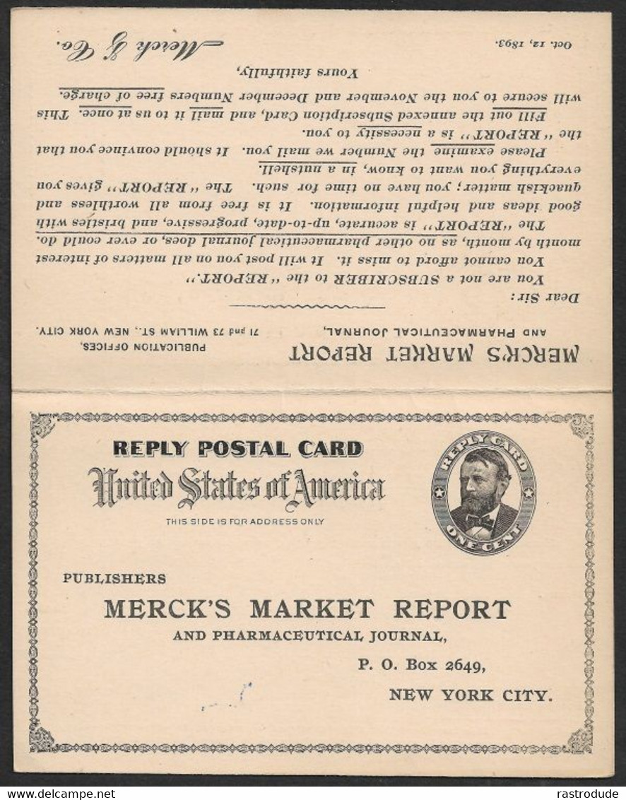 1893 - U.S - 1c Printed To Order PSC + REPLY CARD - MERCK S PHARMACEUTICAL - STAMP DEALER ZUM UNCLE SAM - ...-1900