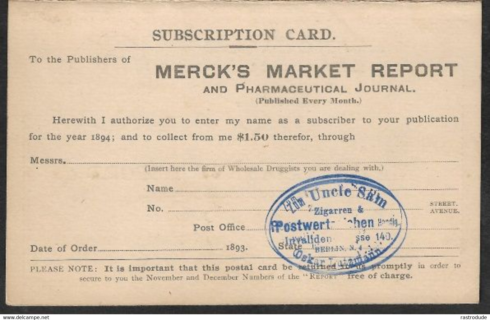 1893 - U.S - 1c Printed To Order PSC + REPLY CARD - MERCK S PHARMACEUTICAL - STAMP DEALER ZUM UNCLE SAM - ...-1900