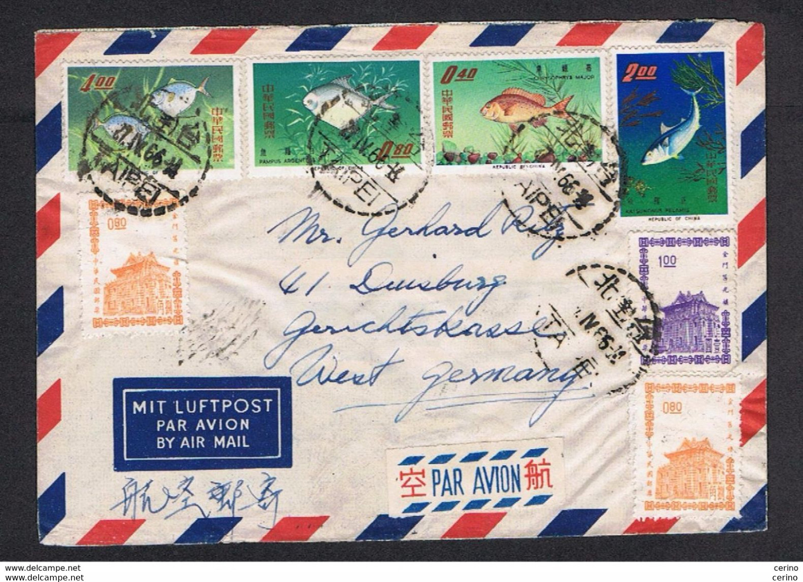 TAIWAN:  1966  AIR  MAIL  COUVER  TO  D.D.R. WITH:  YV/TELL. 464x2 + 465 + 518/21 + 515 - Storia Postale