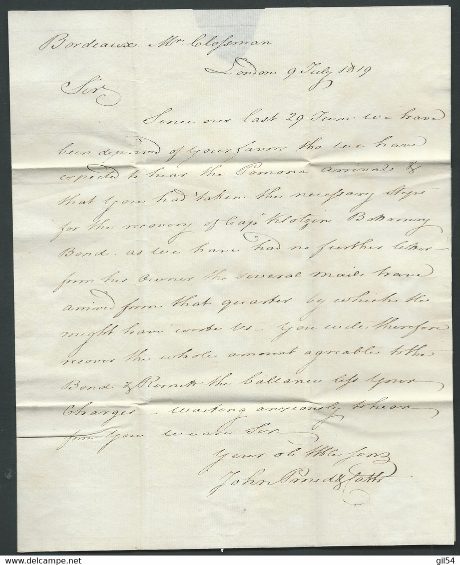 Lac De Londres  9/06/1819 Ecrite Pour Bordeaux , Marque Angleterre En Noir  Taxe Manuscrite 17 ?? - Aw 13802 - ...-1840 Precursori