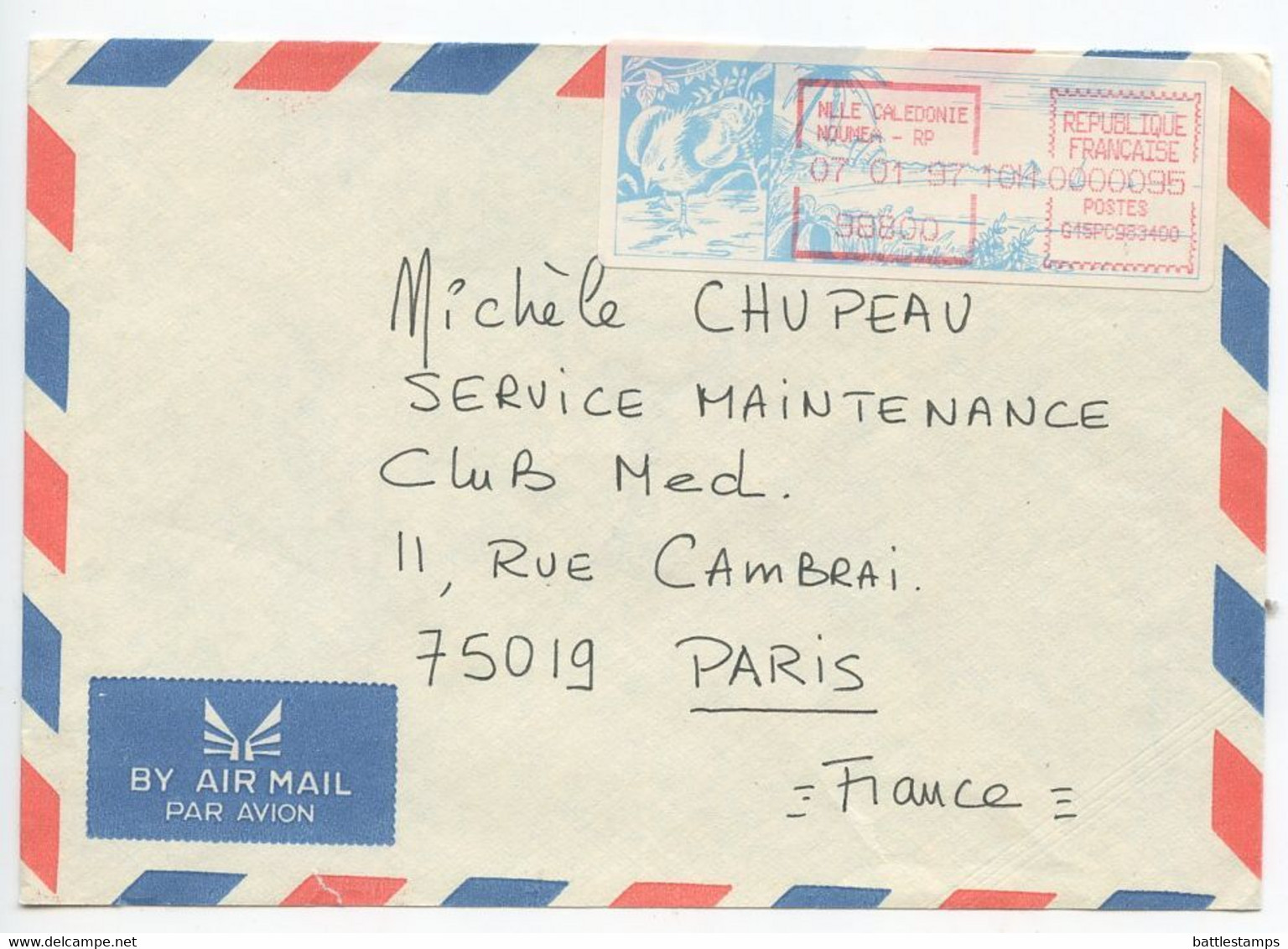 New Caledonia 1997 Airmail Cover Nouméa To Paris France, 95fr. Sercem Meter Label - Cartas & Documentos