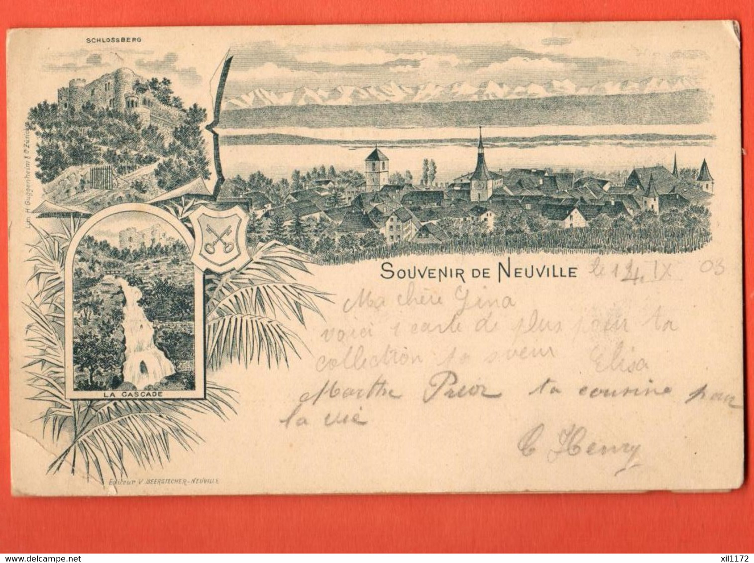 ZBN-33 RARE Litho  Souvenir De La Neuville Neuveville Dos Simple, Cachet 1907 - La Neuveville