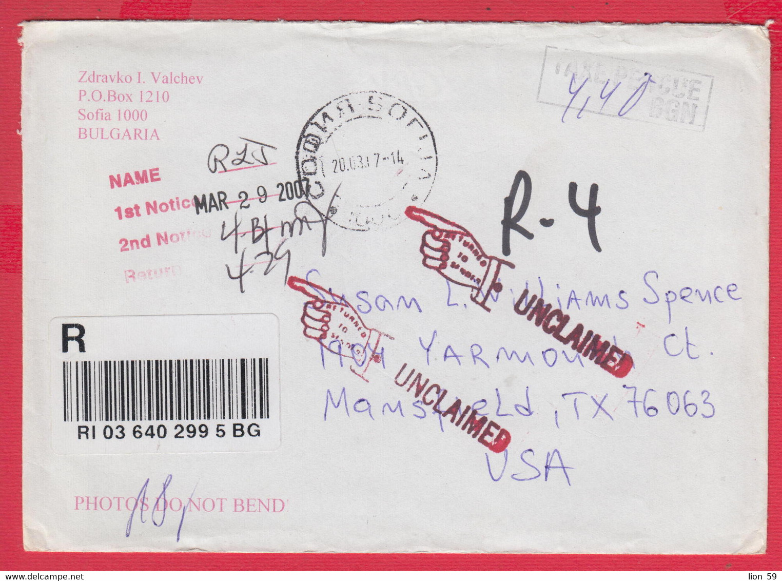 253186 / Registered Cover Bulgaria 2007 - Taxe Percue 4.40 Lv. , Returned To Sender Unclaimed USA - Covers & Documents