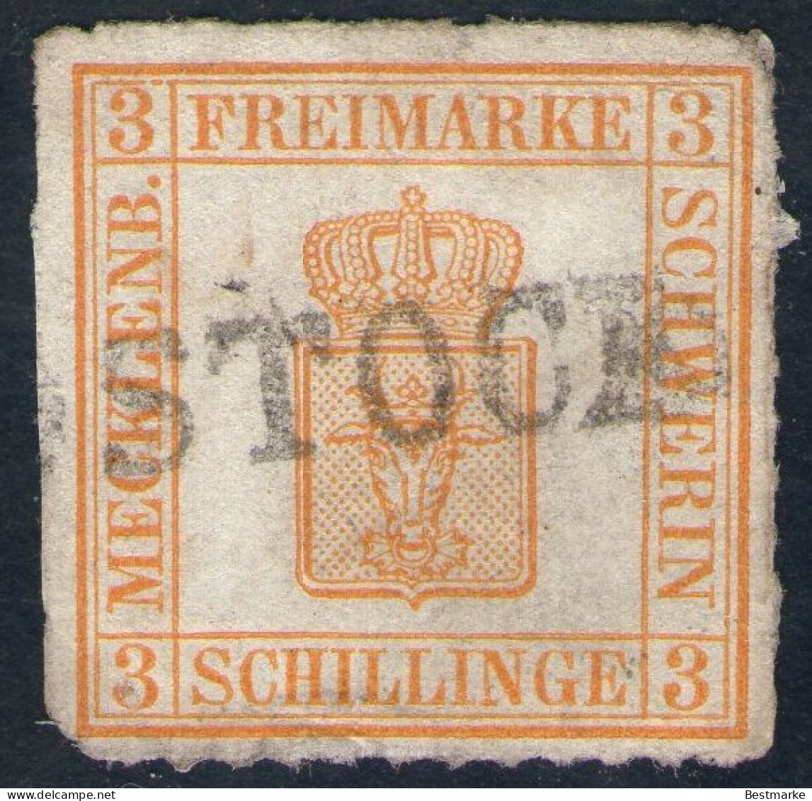 L1 ROSTOCK Auf 3 Shilling Gelborange - Schwerin Nr. 7 I Mit Abart - Mecklenburg-Schwerin