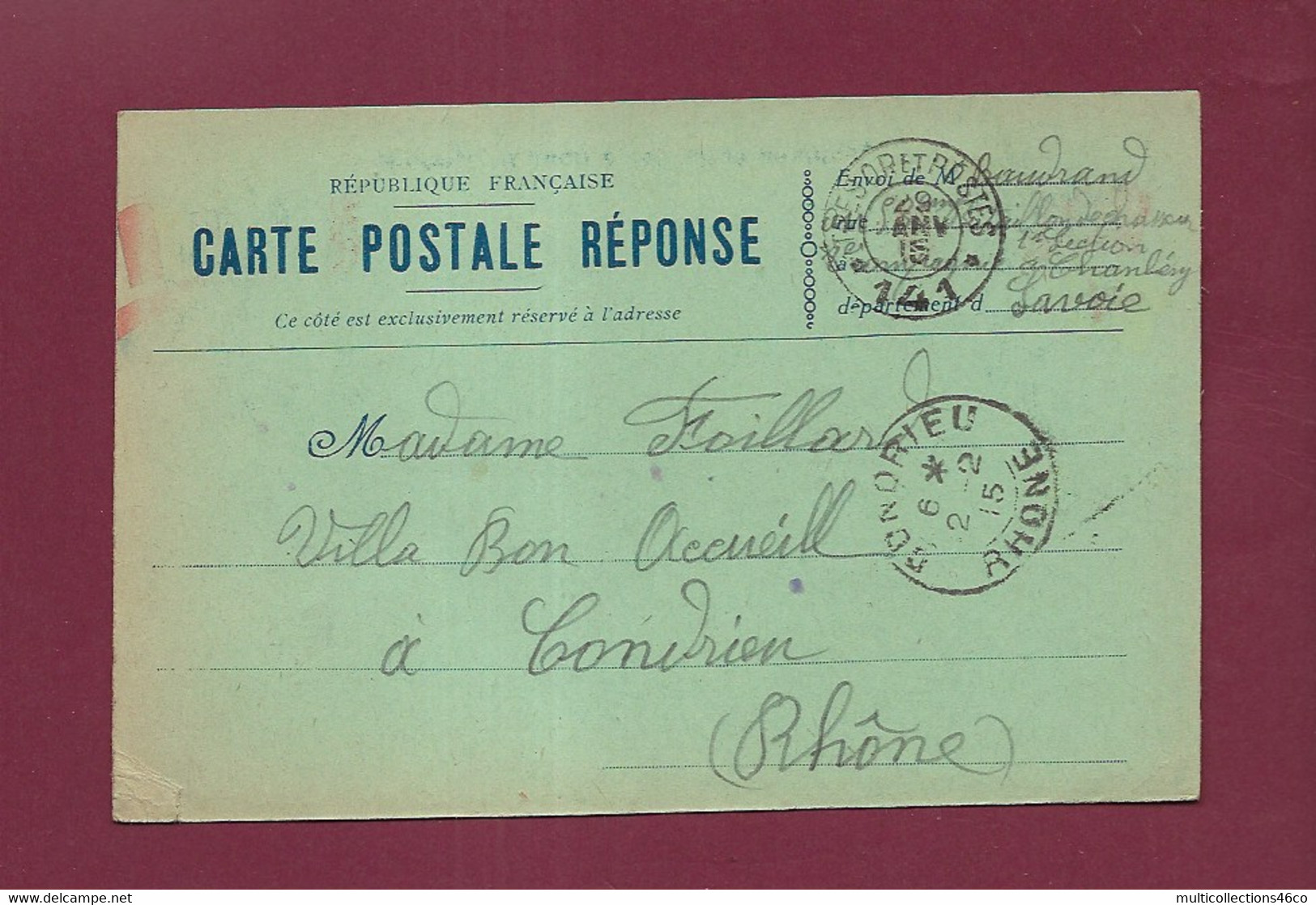 311020C - MILITARIA LETTRE GUERRE 1914 18 - 1915 Carte Postale Réponse TP 141 6 Drapeaux - Cartas & Documentos