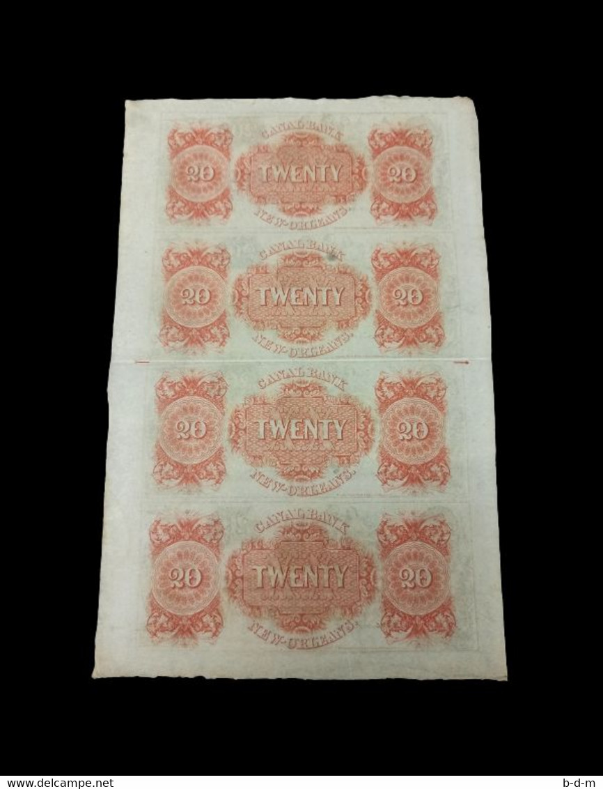 Estados Unidos United States Of America 20 Dollars Canal Bank 1850`s Uncut Sheet - Divisa Confederada (1861-1864)