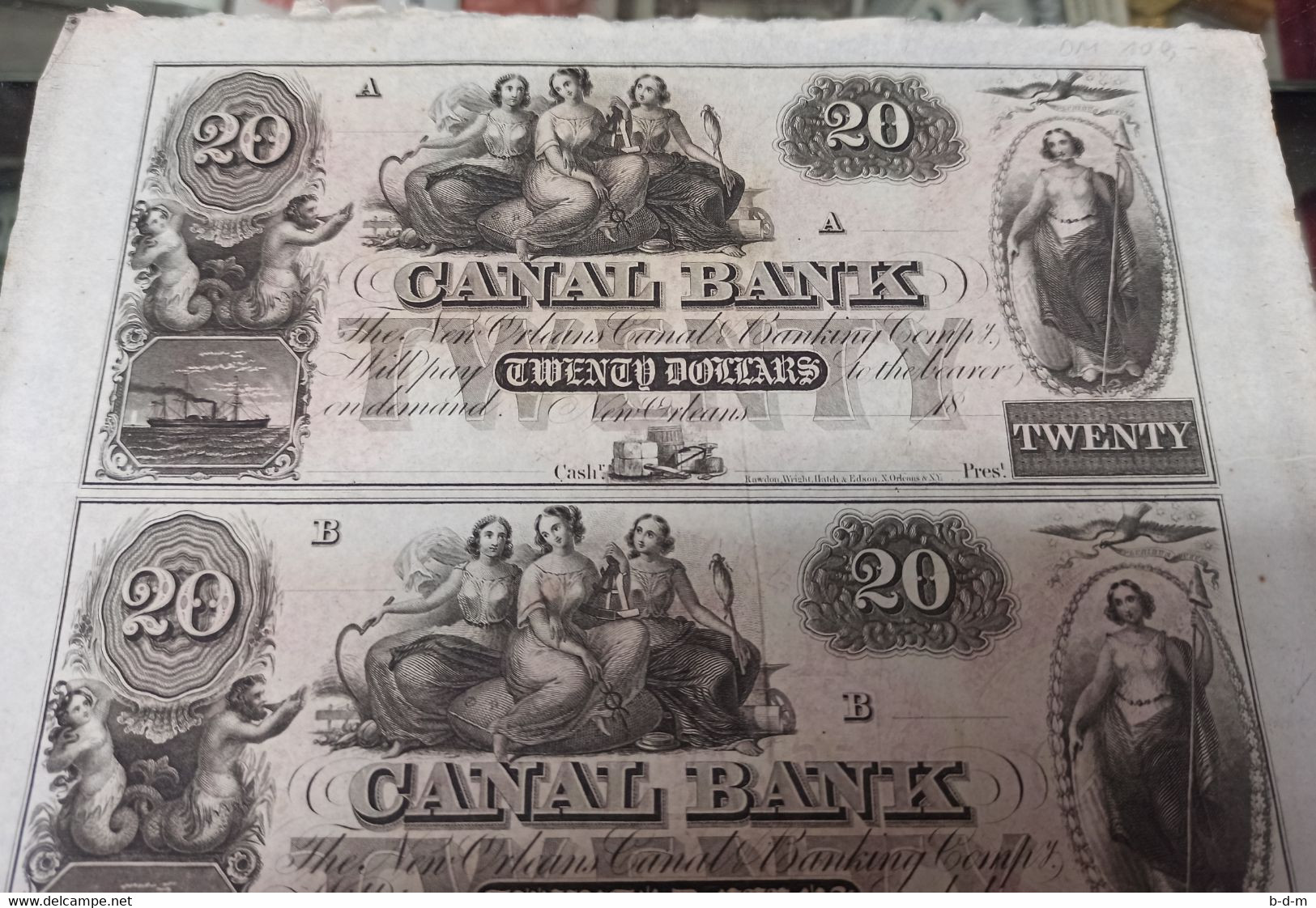 Estados Unidos United States Of America 20 Dollars Canal Bank 1850`s Uncut Sheet - Divisa Confederada (1861-1864)
