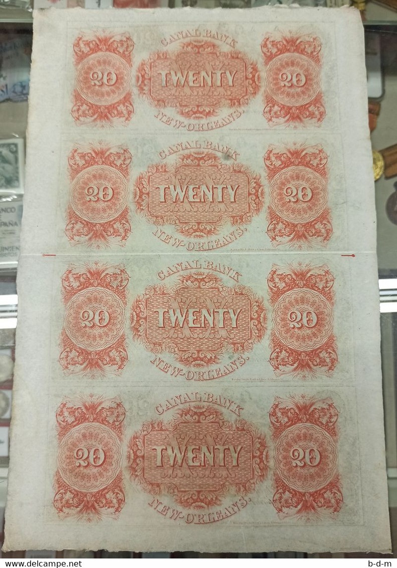 Estados Unidos United States of America 20 Dollars Canal Bank 1850`s Uncut sheet