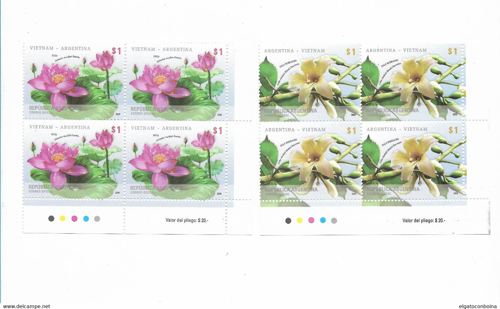 ARGENTINA 2008 FLOWERS ARGENTINA VIETNAM JOINT ISSUE BLOCK OF FOUR MINT NH VF - Nuovi