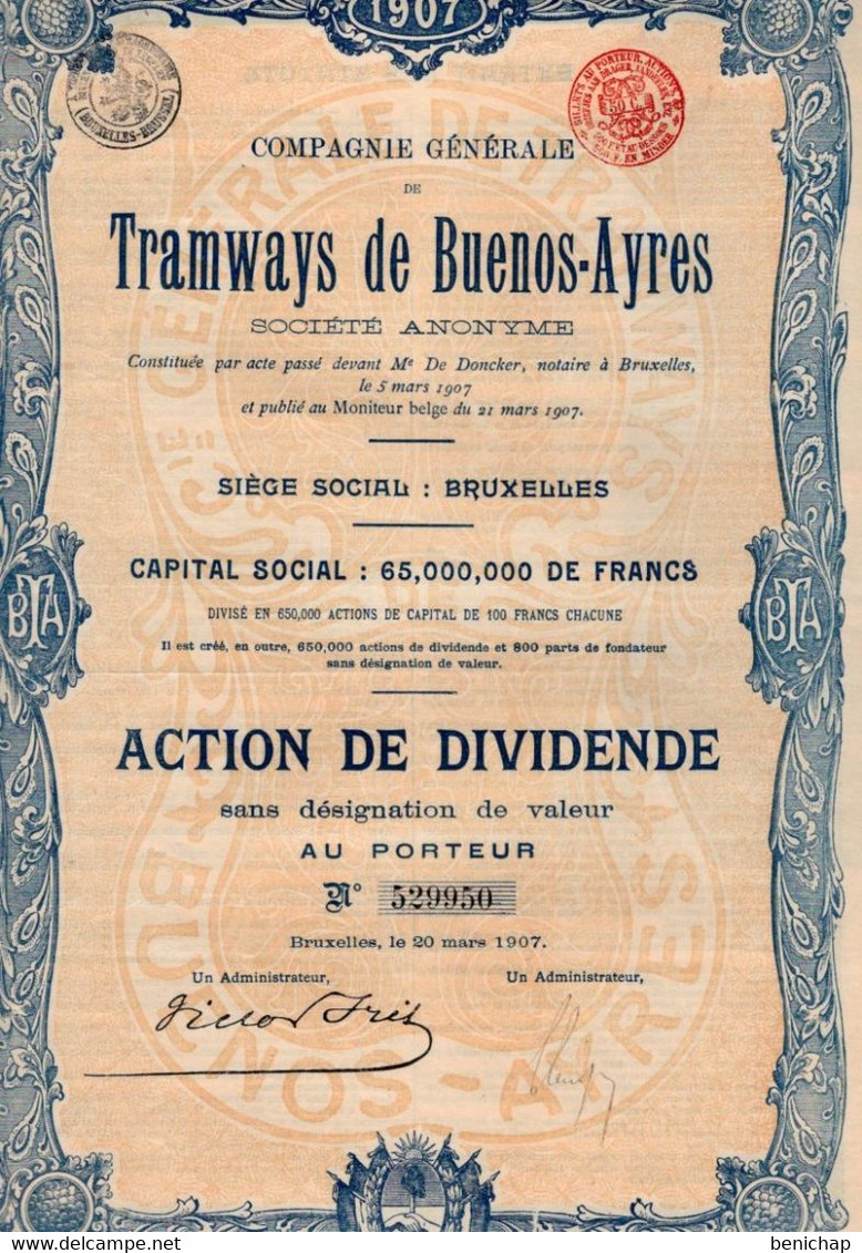 Action De Dividende Au Porteur - S.A DesTramways De Buenos-Ayres - Bruxelles 1907. - Railway & Tramway