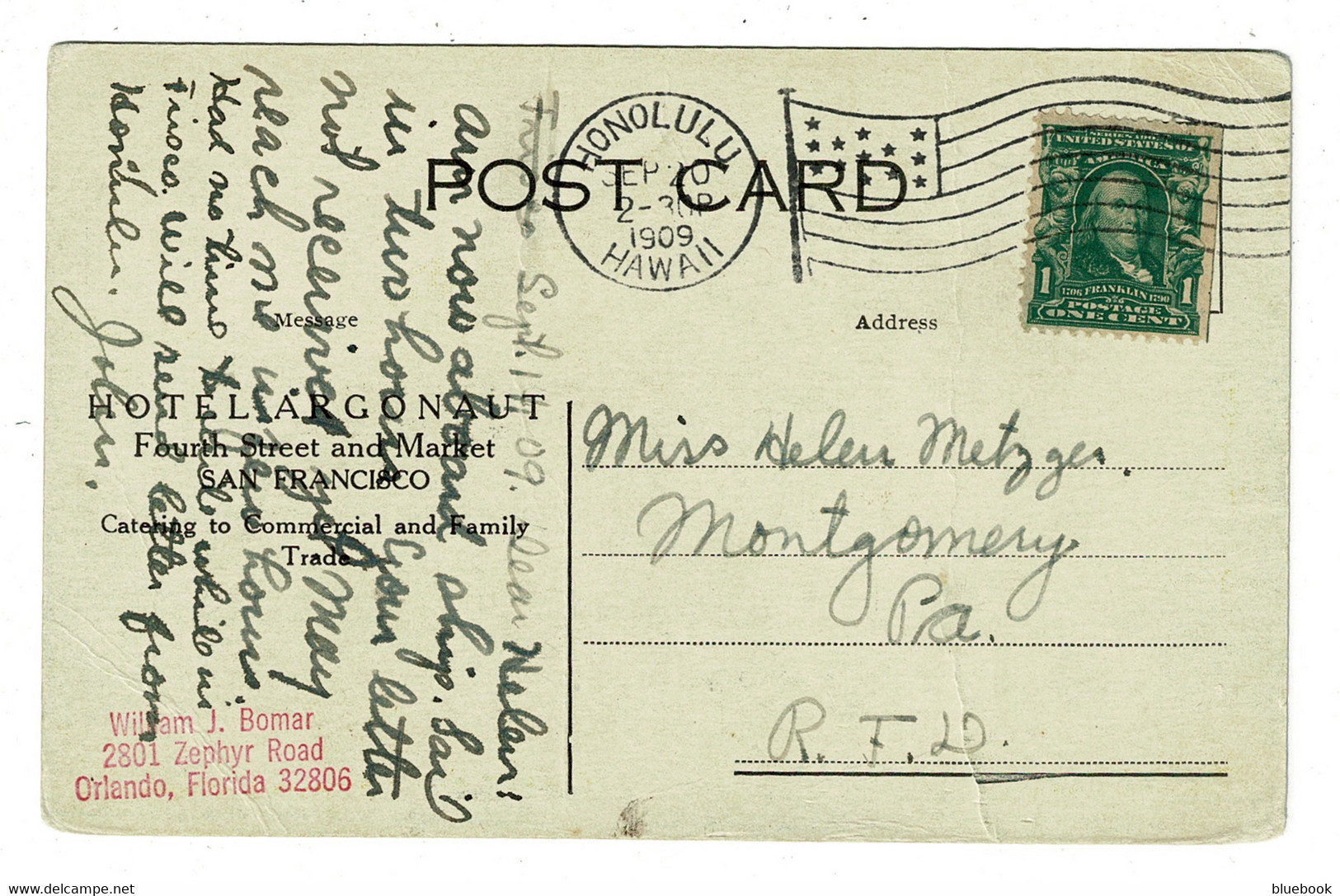 Ref 1416 - 1909 USA Postcard - Good Honolulu Hawaii Flag Cancel Postmark - Hawaii