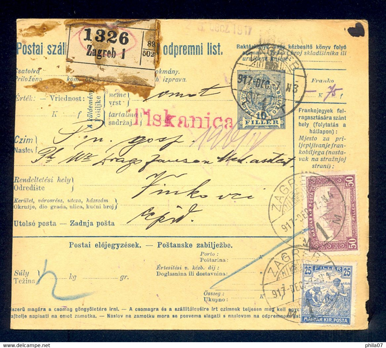 HUNGARY, CROATIA - Parcel Card For Package Sent From Zagreb To Vinkovci 1917. - Sonstige & Ohne Zuordnung