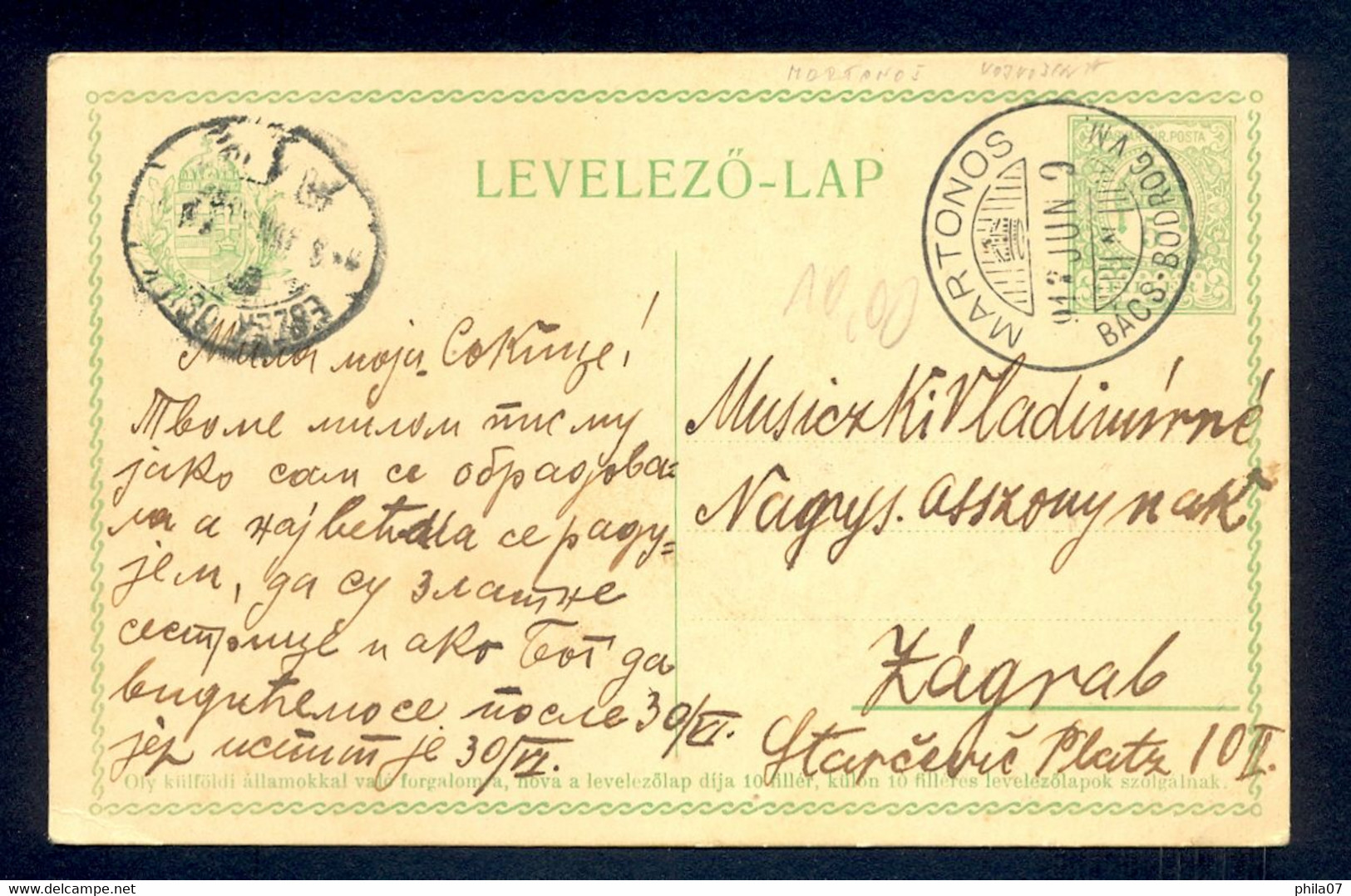 HUNGARY - Stationery With Nice Cancel MORTONS BACS-BODROG Sent To Zagreb 09.06. 1912 - Other & Unclassified