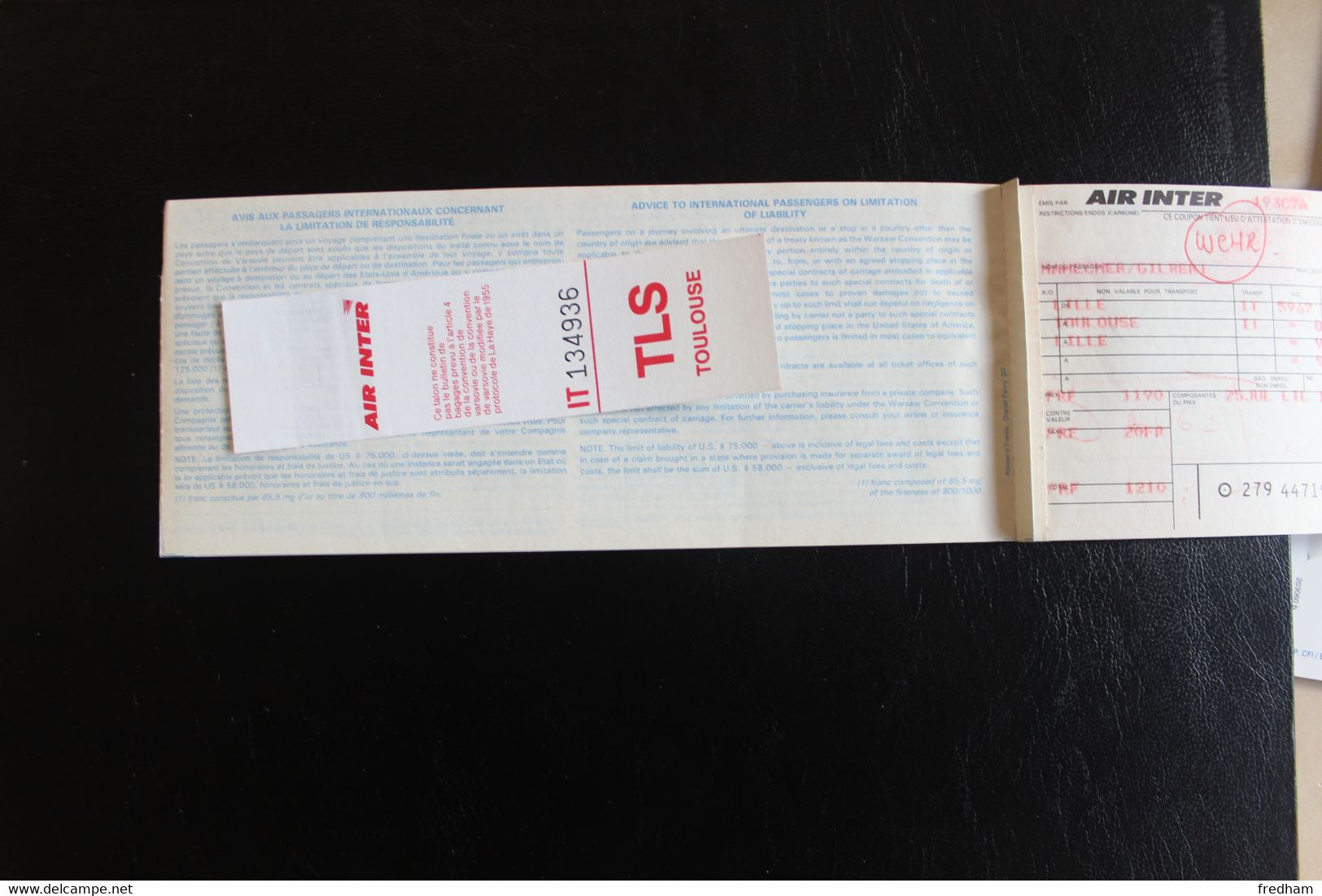 1992 AIR INTER BILLET VOL INTERIEUR LILLE-TOULOUSE BILLET DE PASSAGE ET BULLETIN DE BAGAGES ASSURANCES