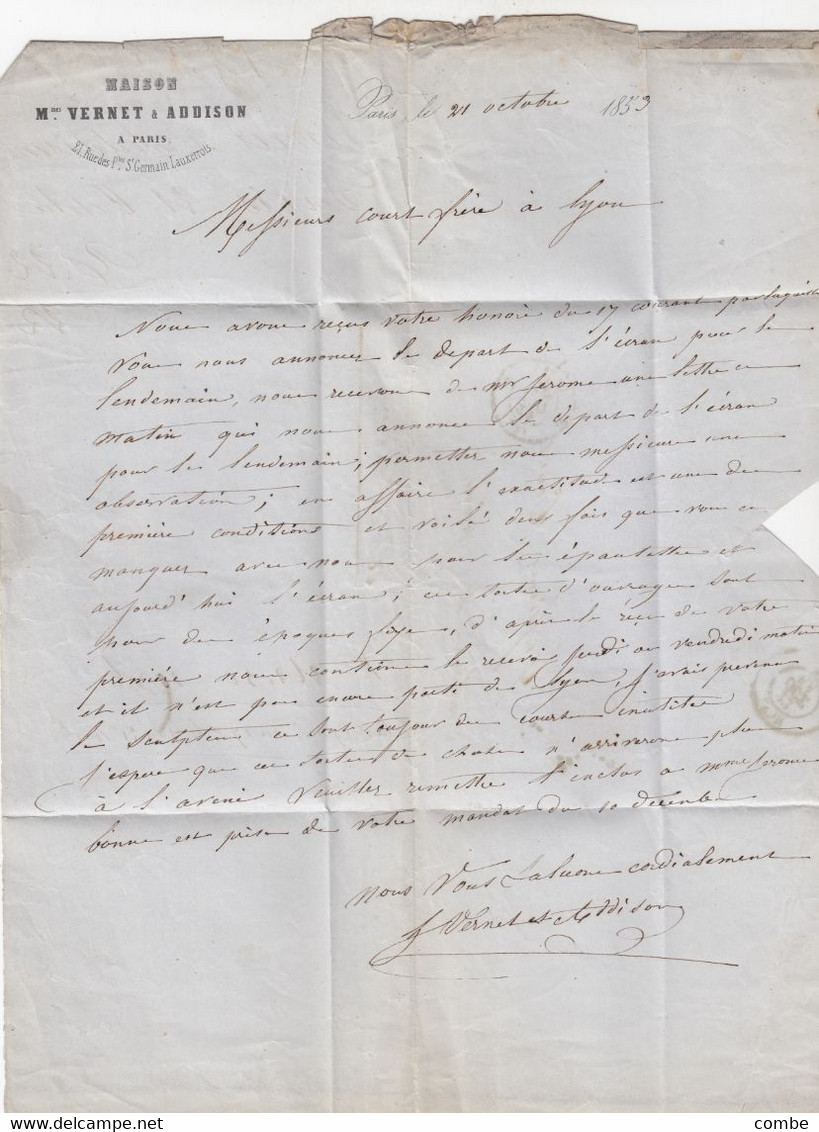 LETTRE. 21 OCT 1853. PRESIDENCE N° 10. ETOILE DE PARIS POUR LYON - 1852 Louis-Napoleon