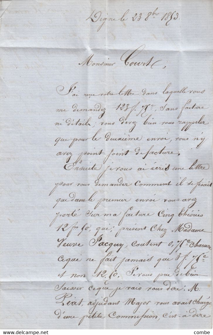 LETTRE. PRESIDENCE N° 10. 23 OCT 1853. BASSES-ALPES. DIGNE. PC 1099. POUR LYON - 1852 Luigi-Napoleone