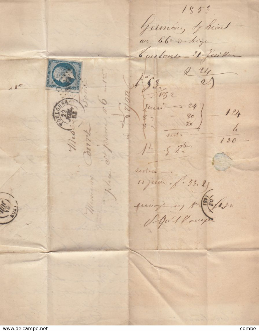 LETTRE. PRESIDENCE N° 10.  22 JUIL 1853. HAUTE-GARONNE. TOULOUSE. PC 3383. POUR LYON - 1852 Louis-Napoleon