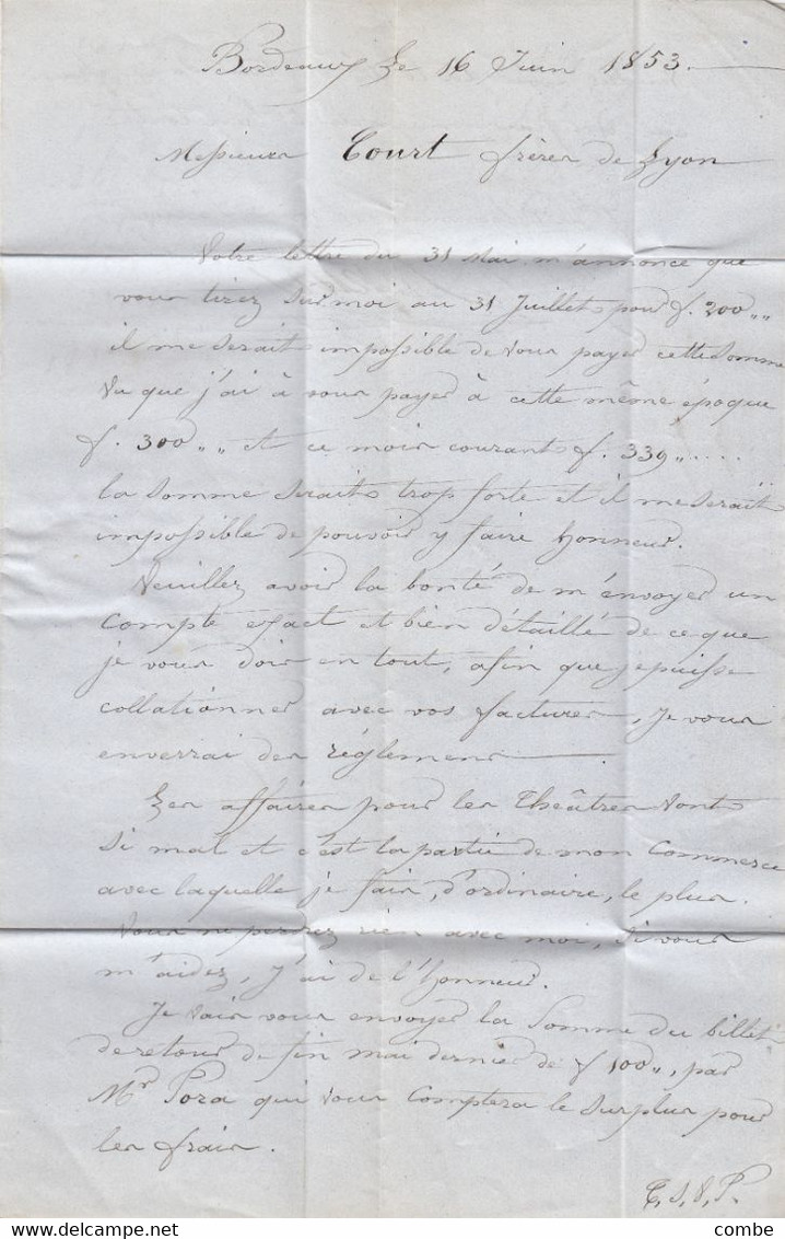 LETTRE. PRESIDENCE N° 10.  16 JUIN 1853. GIRONDE. BORDEAUX. PC 441. POUR LYON - 1852 Louis-Napoleon