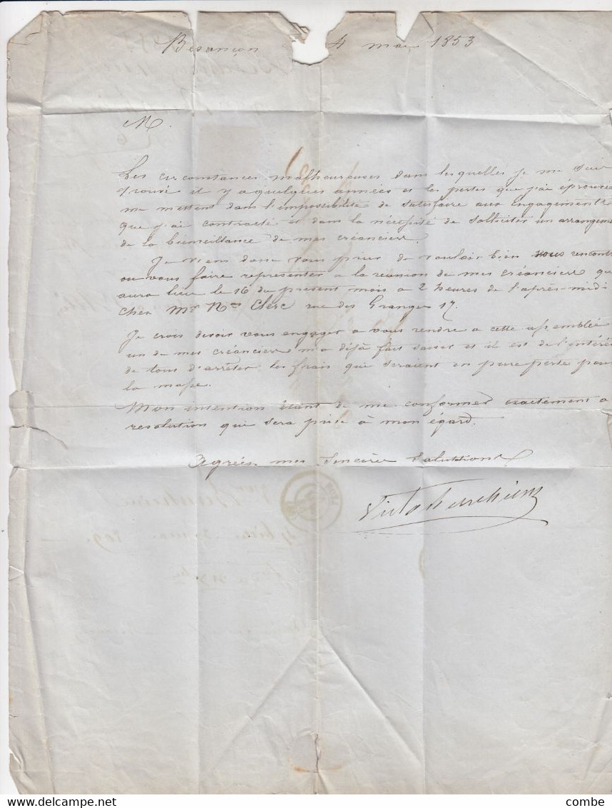 LETTRE. PRESIDENCE N° 10.  4 MAI 1853. DOUBS. BESANCON. PC 378. POUR LYON - 1852 Louis-Napoleon