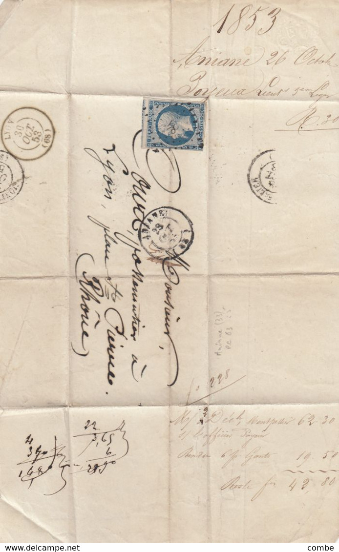 LETTRE. PRESIDENCE N° 10.  28 AOUT 1853. HERAULT. ANIANE. PC 83. POUR LYON - 1852 Luigi-Napoleone