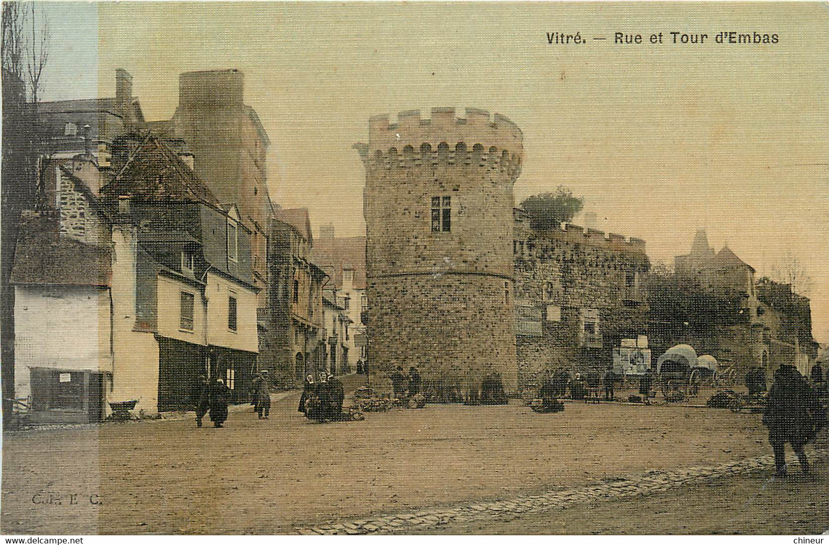 VITRE RUE ET TOUR D'EMBAS CARTE COLORISEE ET TOILEE - Vitre