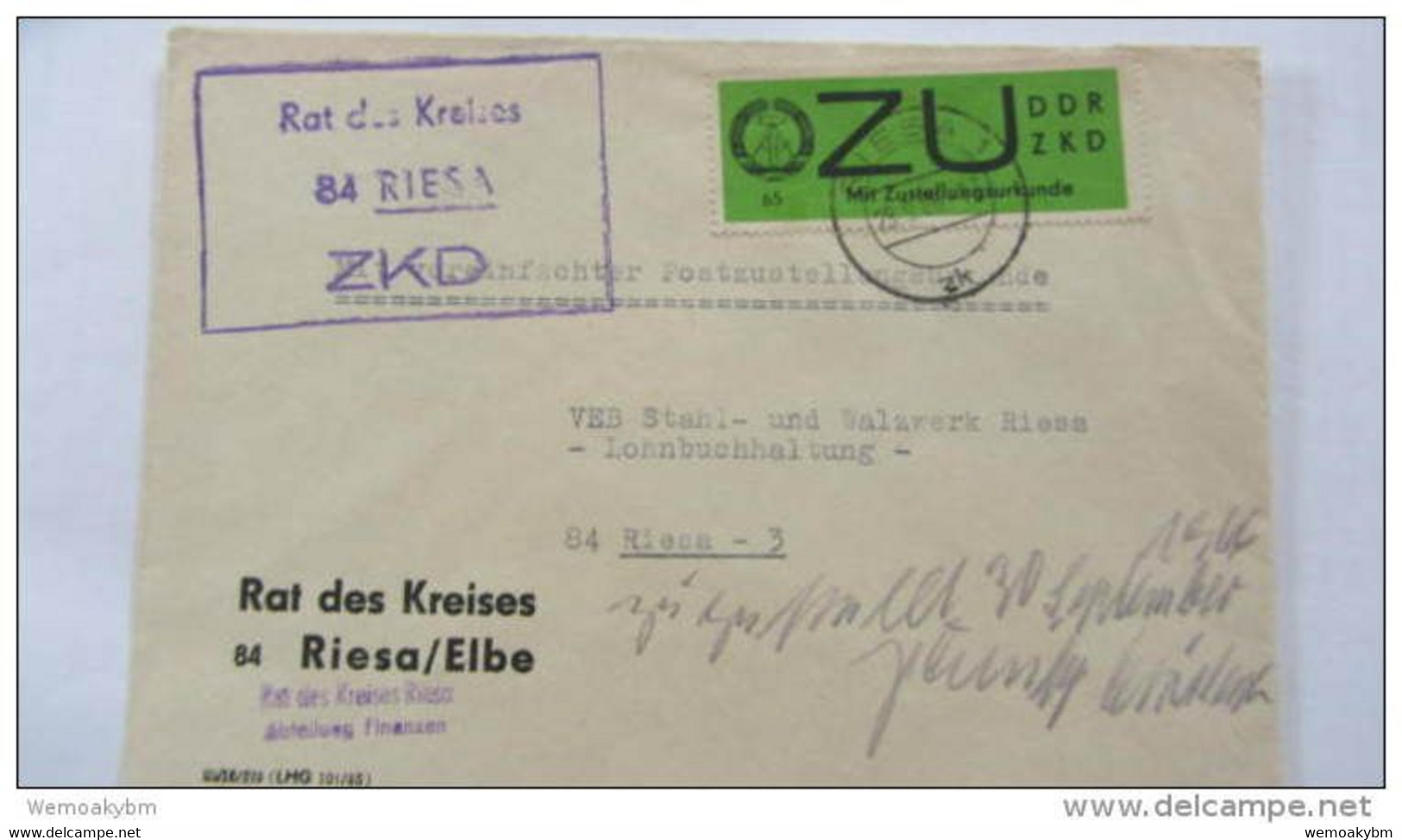 DDR Dienst/ZKD Orts-Brief Mit ZU-Streifen 65Pf U. KSt. "Rat Des Kreises 84 Riesa" Vom 29.9.66 Mit Zustellvermerk Knr:E2x - Service Central De Courrier