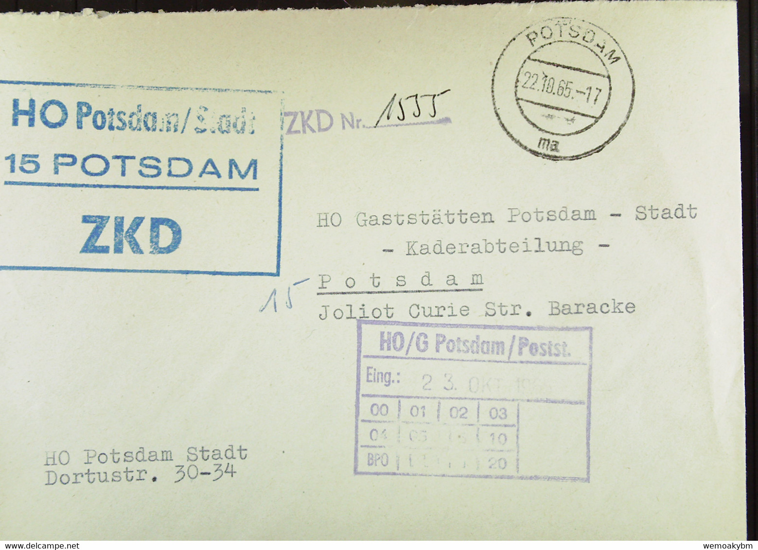 Orts-Brf Mit ZKD-Kastenst."HO Potsdam/Stadt 15 Potsdam" Vom 22.10.65 Mit ZKD Nr. 1555 Mit Eing-St HO Gaststätten Potsdam - Service Central De Courrier