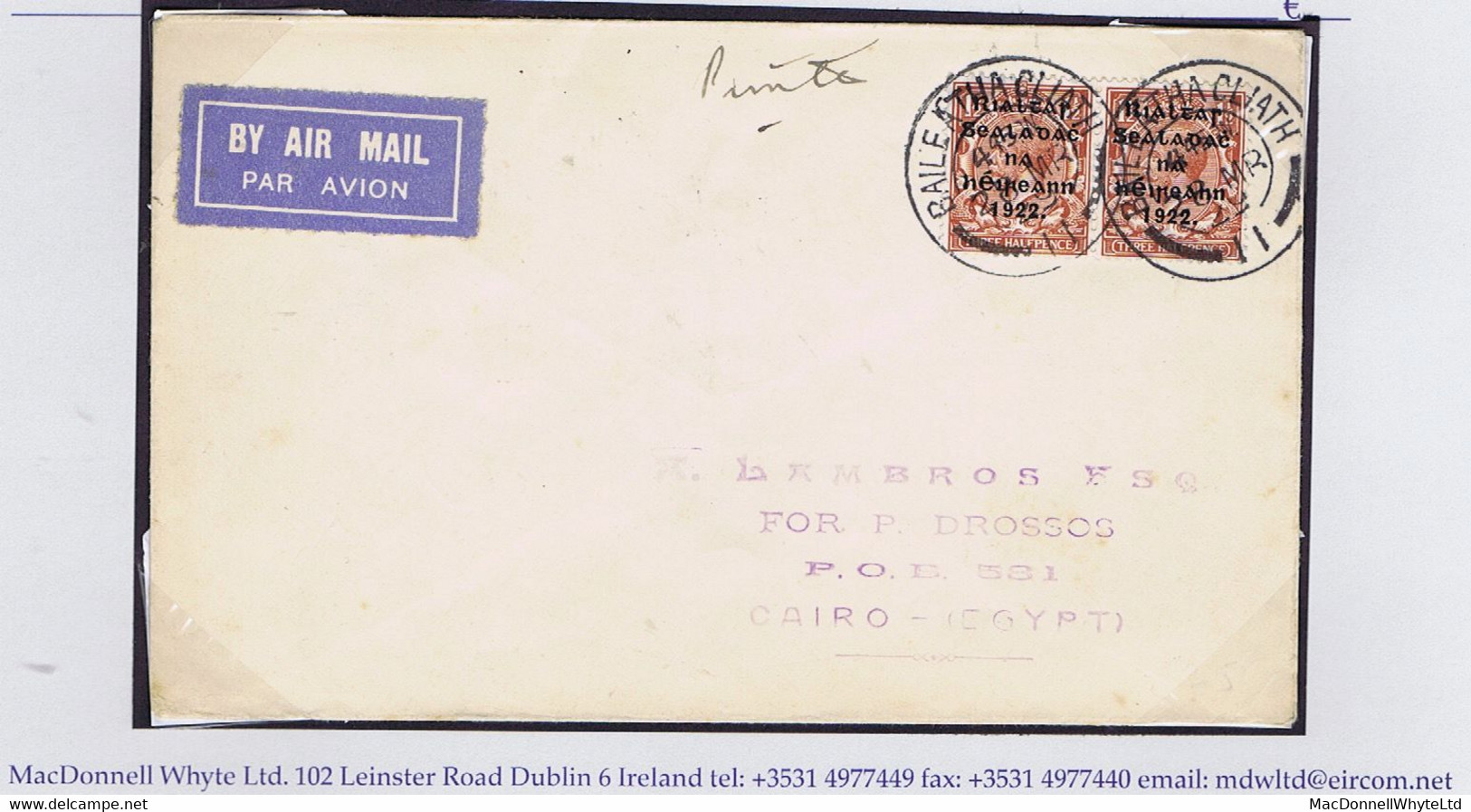 Ireland Airmail 1922 Thom Wide Rialtas 1½d Brown Pair On Airmail Cover To Cairo Dublin Cds BAILE ATHA CLIATH 28 MR 29 - Covers & Documents