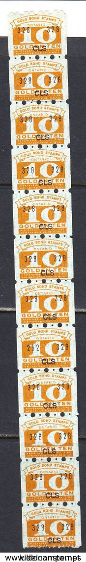 Canada Gold Bond Stamps, Golden 10, Strip Of 12, Mint No Hinge - Local, Strike, Seals & Cinderellas