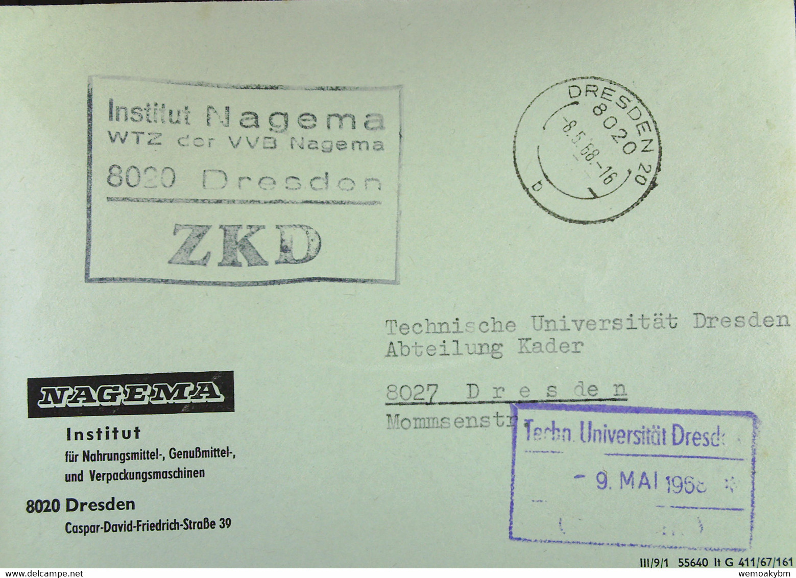 Orts-Brief Mit ZKD-Kastenstpl "Institut NAGEMA WTZ Der VVB Nagema 8020 Dresden" Vom 8.5.68 An TU Dresden - Covers & Documents